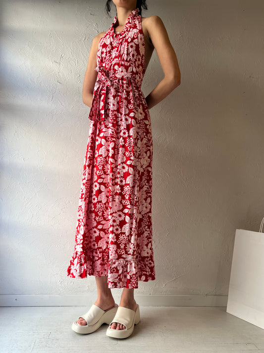 Vintage Handmade Red Floral Halter Wrap Dress / Small