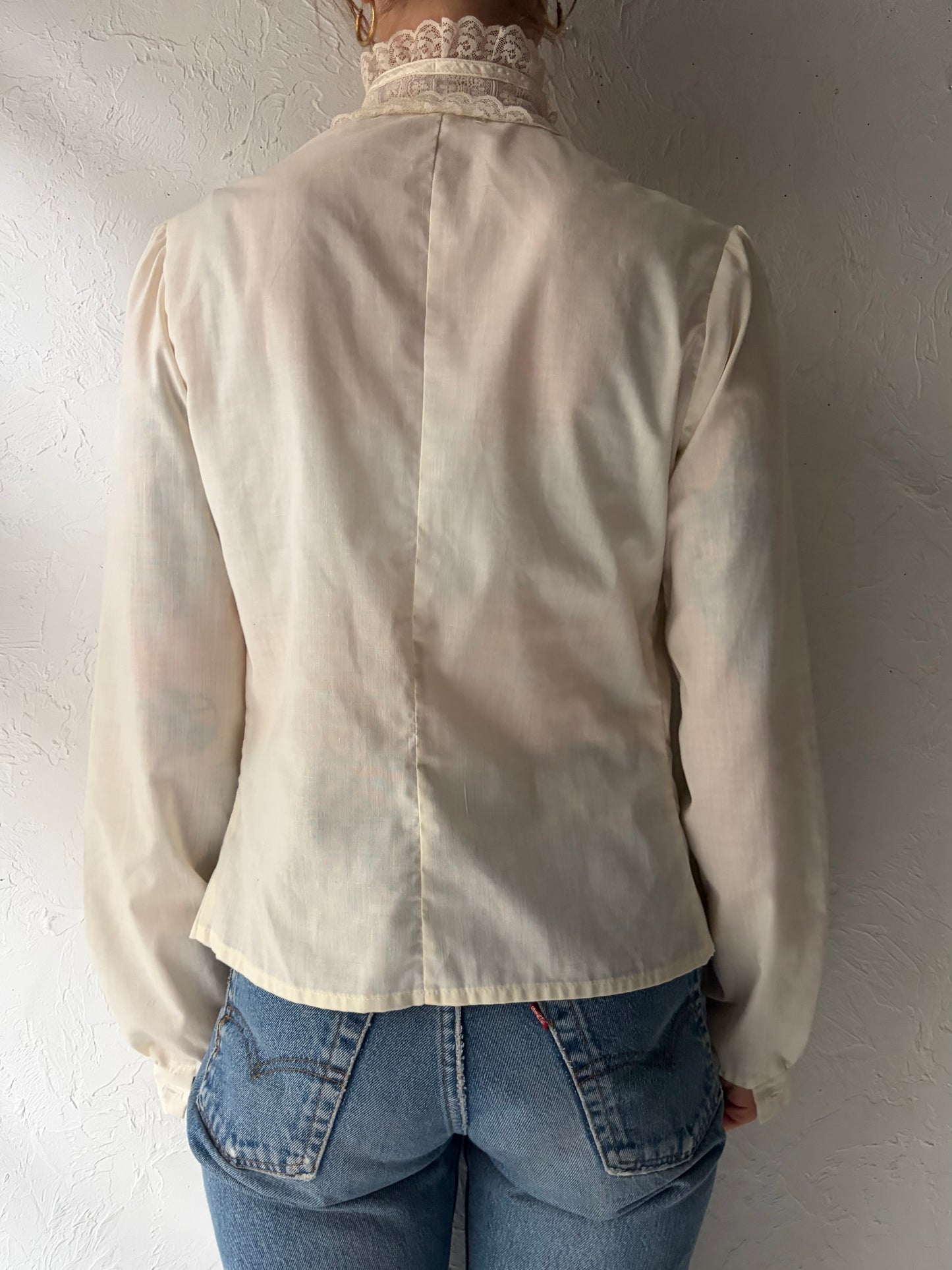 Vintage 1970s 'Gunne Sax' Cream Peasant Lace Prairie Blouse / Small