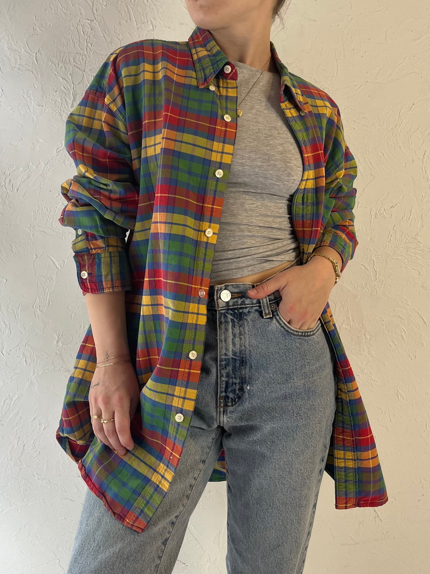 90s 'Gap' Cotton Plaid Button Up Shirt / Large