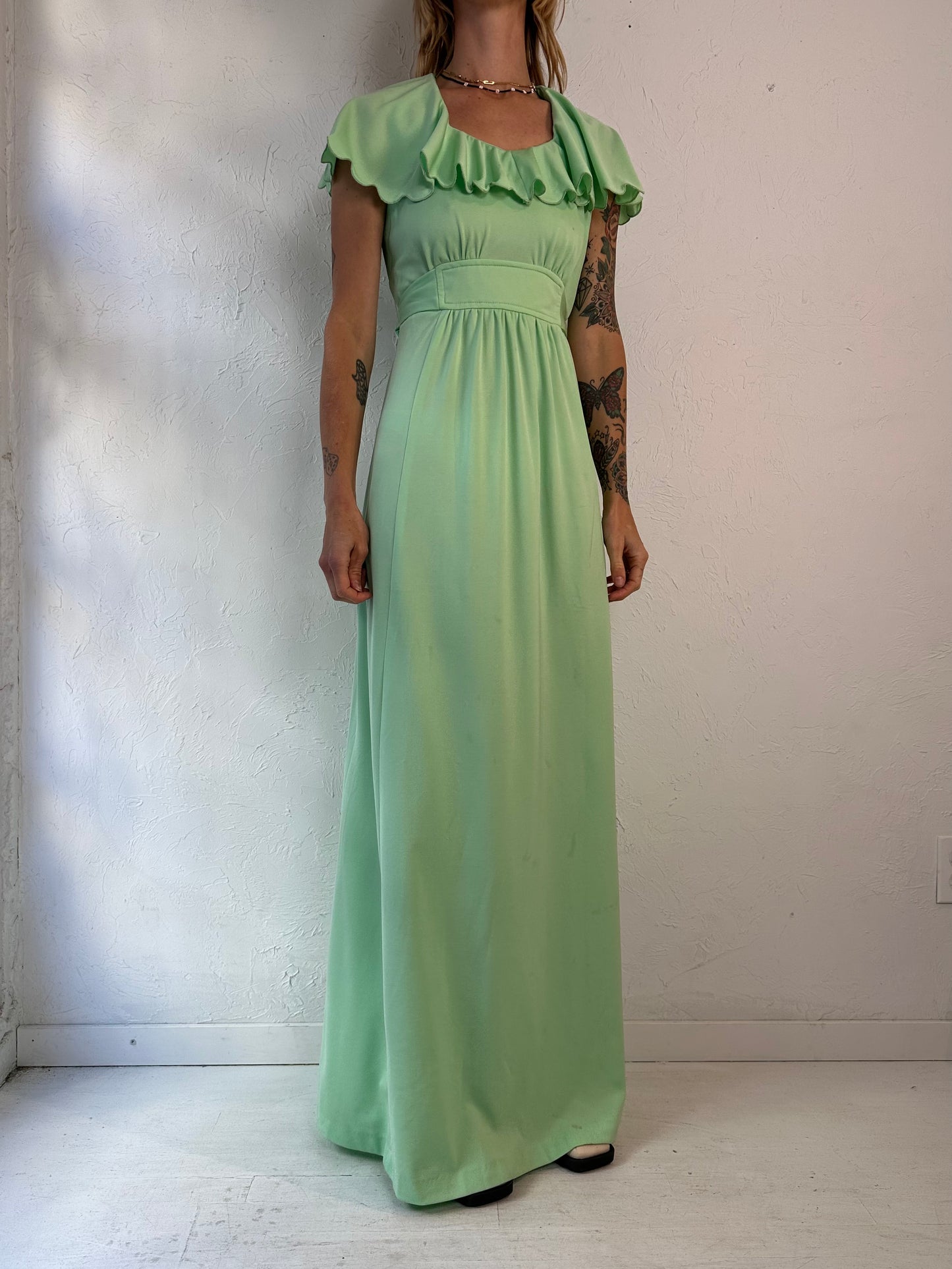 70s 'Nu Mode' Green Sleeveless Maxi Dress / Small