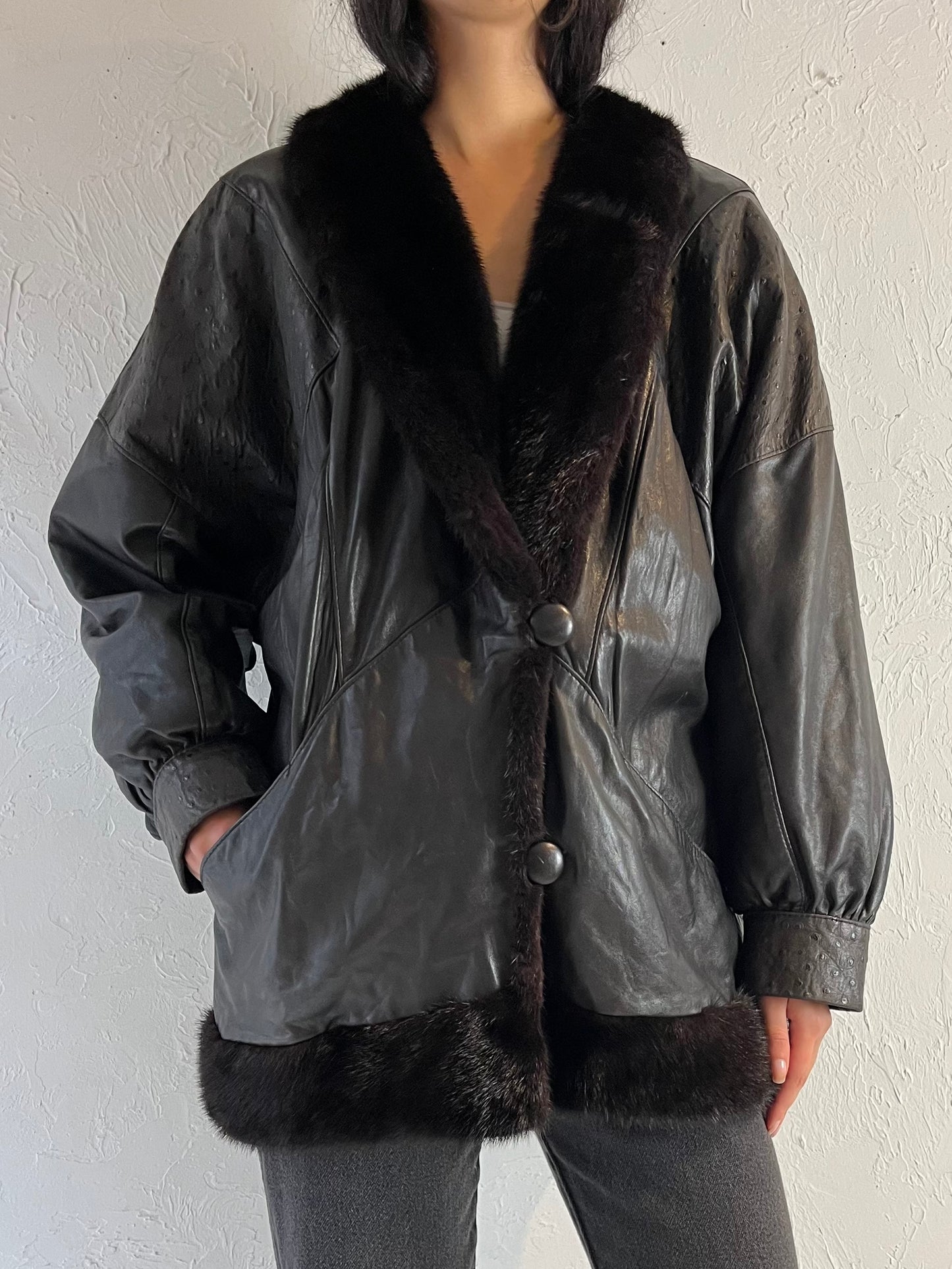 80s Black Leather Jacket / Medium