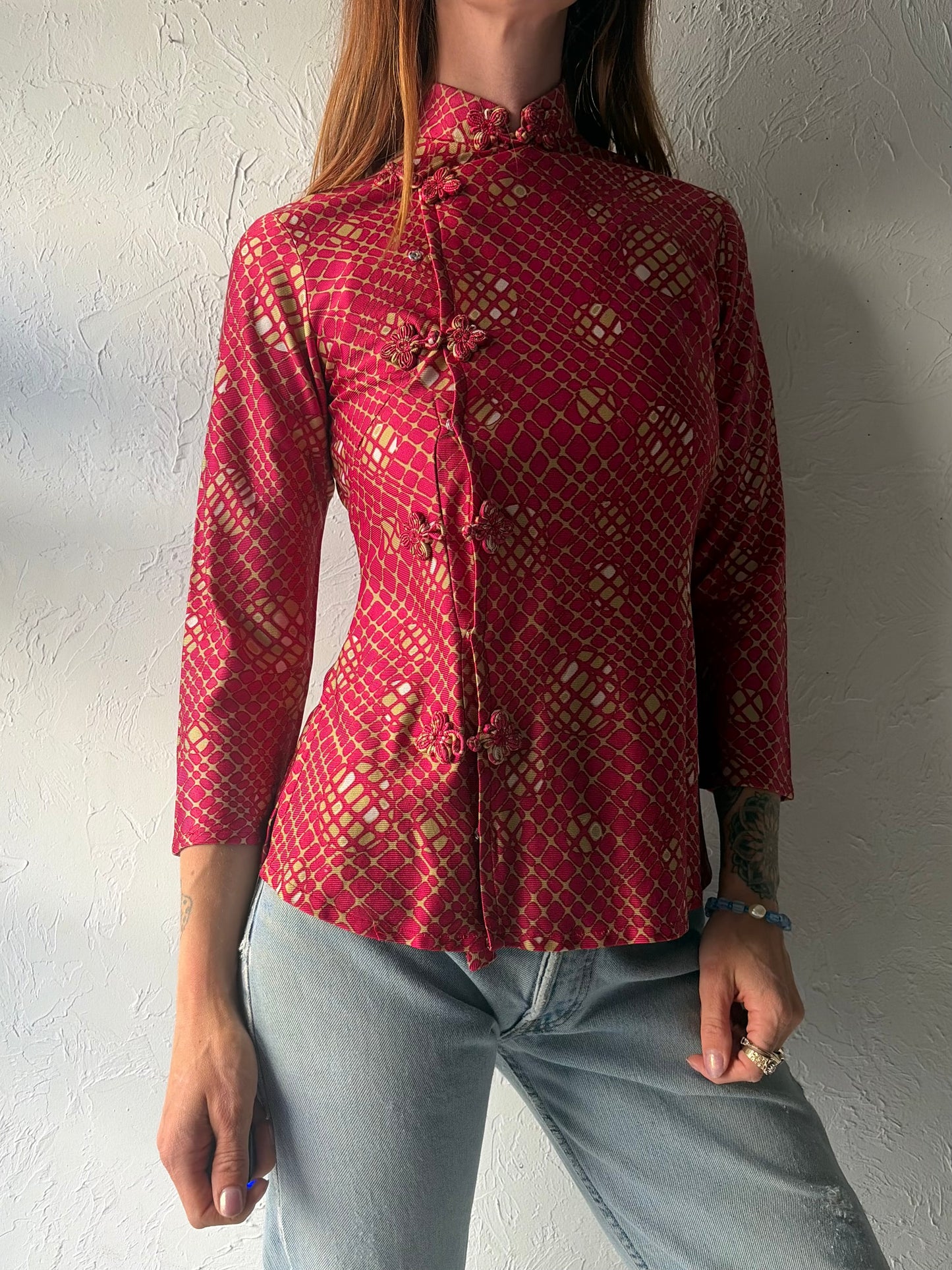 Vintage Pink Abstract Print Retro Mandarin Collared Romantic Asian Inspired Tops / Small