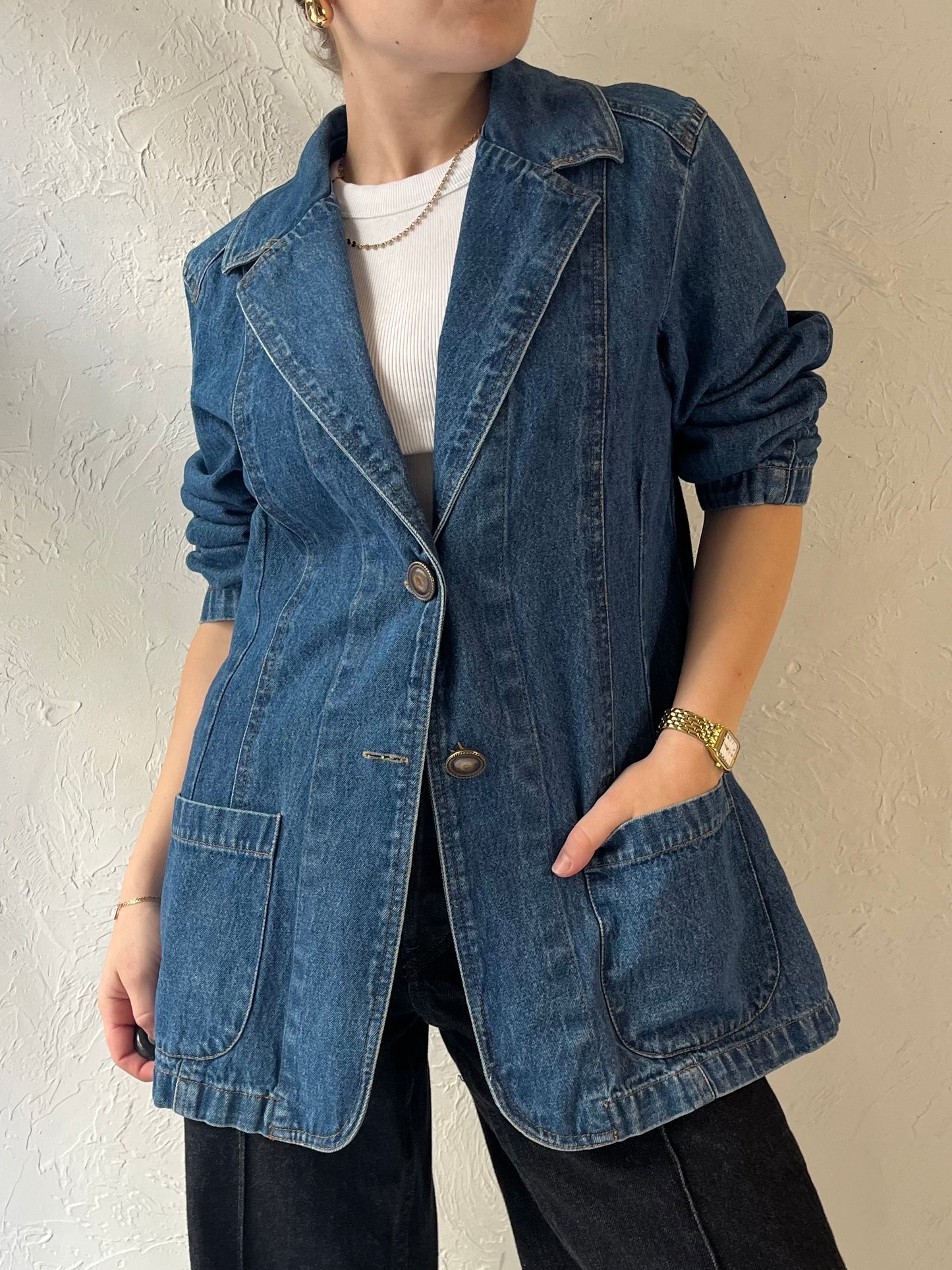 90s 'North Crest' Denim Blazer Jacket / Medium