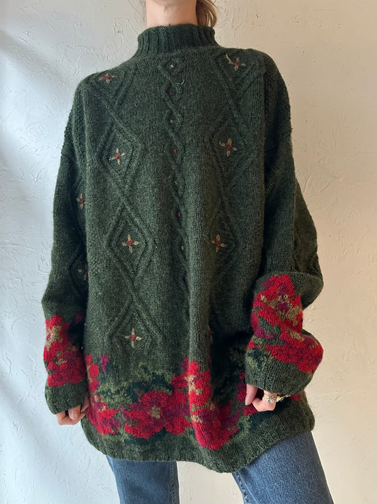 Vintage Hand Knit Floral Sweater / Medium