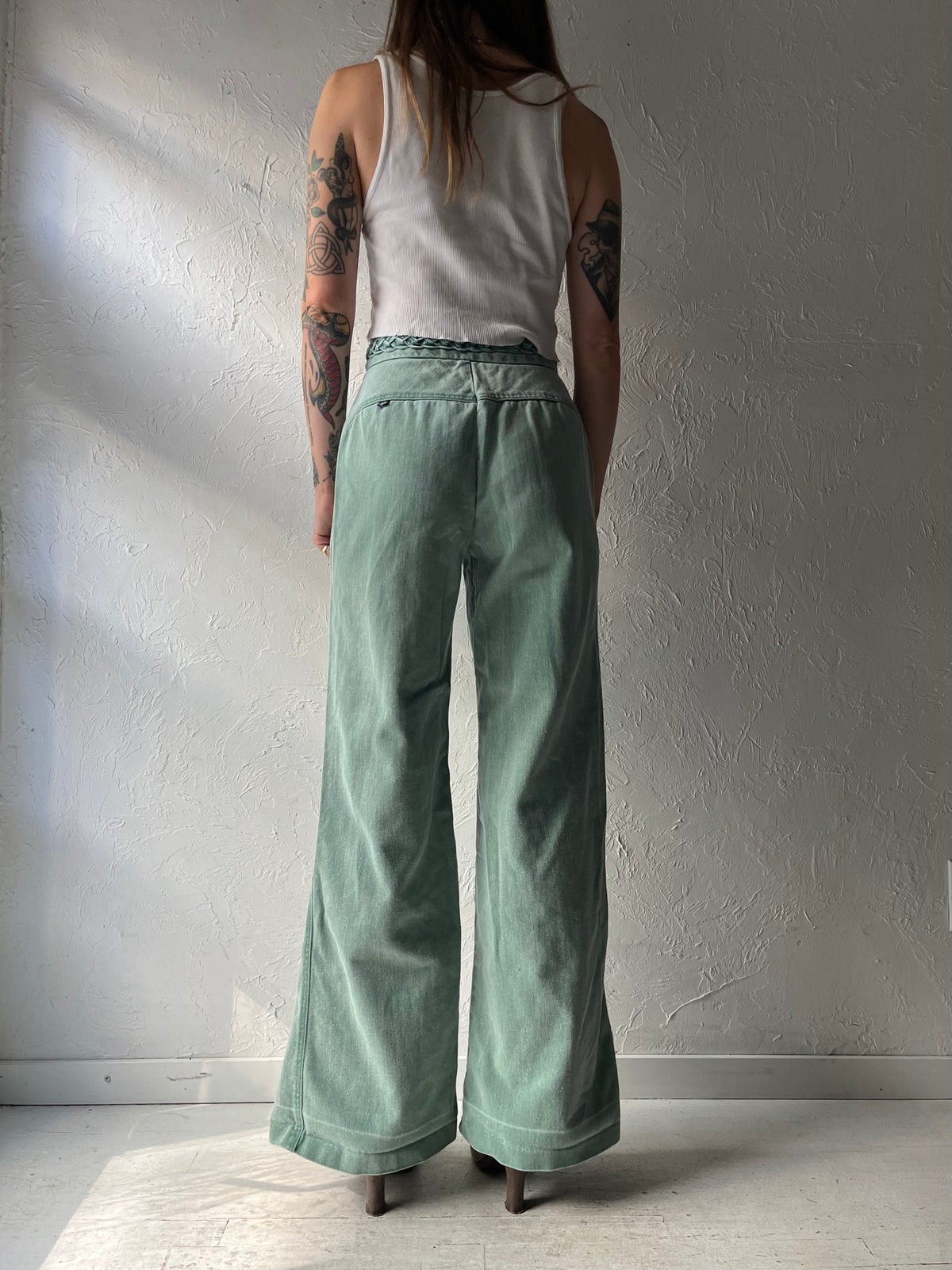 70s 'Whats In A Name' Green Bell Bottom Retro Jeans / Small