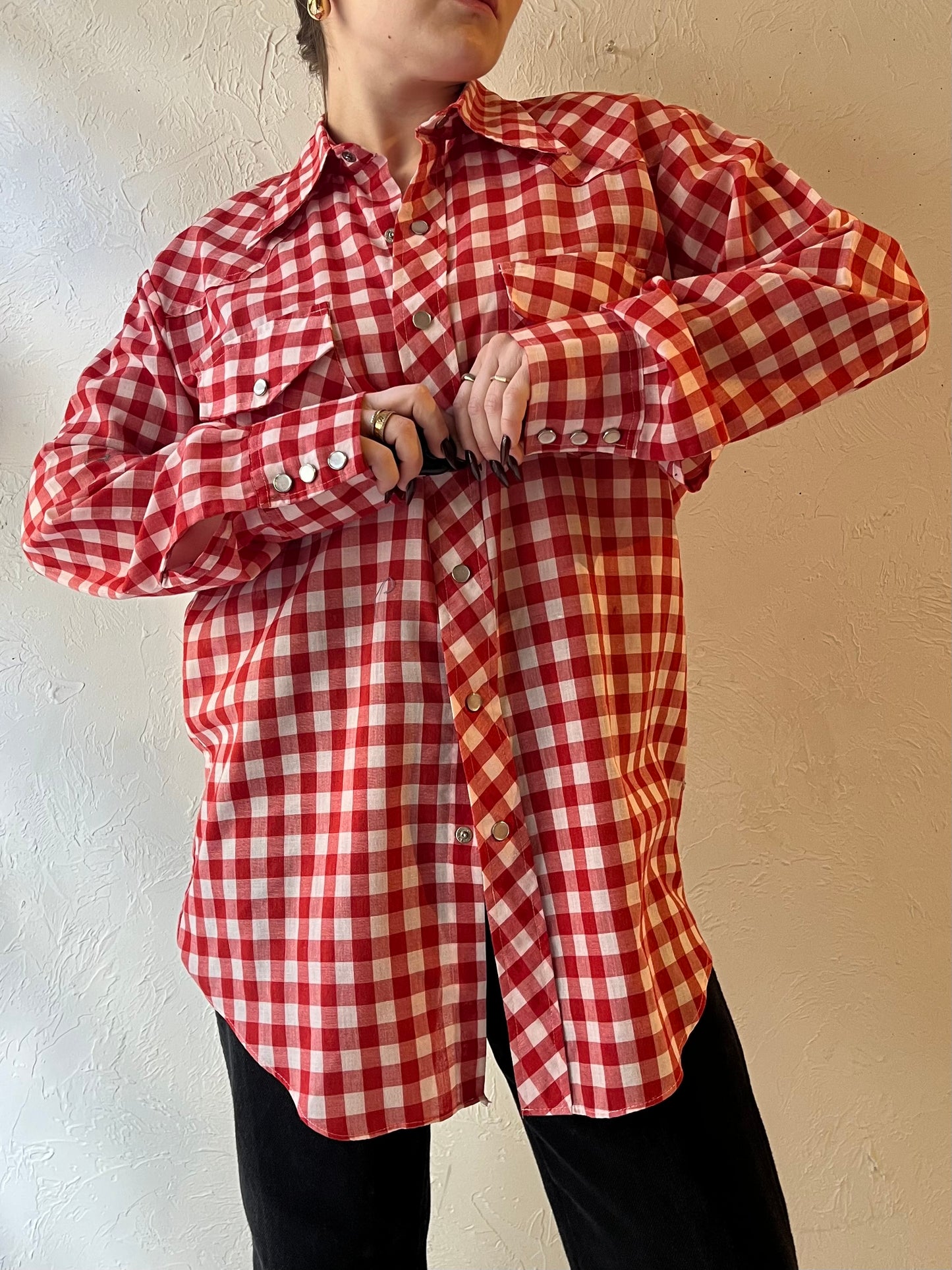 70s ‘Woodwards’ Red Gingham Pearl Snap Western Shirt / Medium