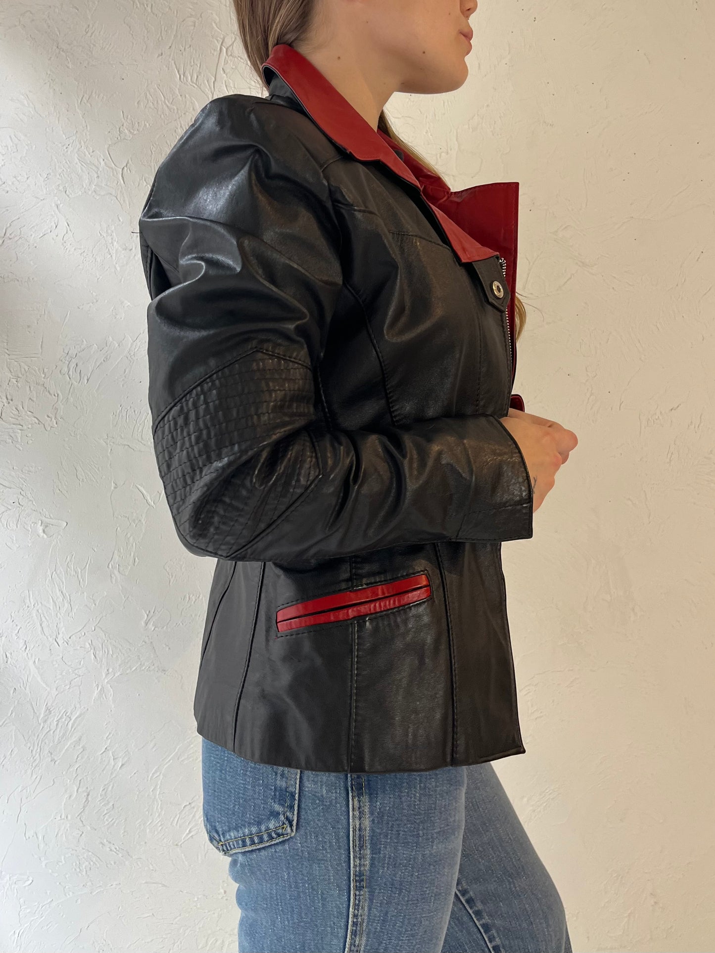 Y2k 'Kondratzky' Black and Red Leather Moto Jacket / Medium