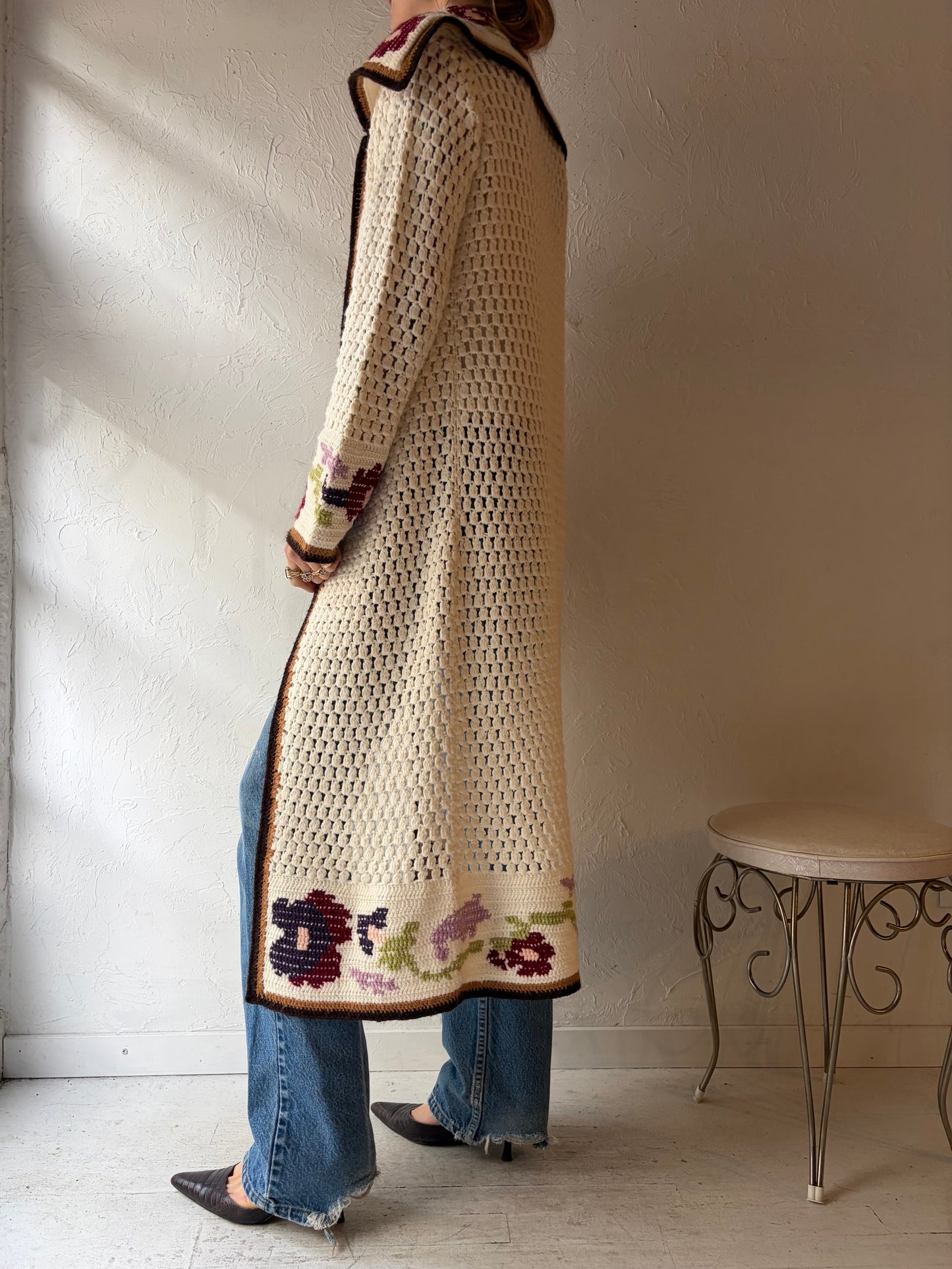 Vintage Handmade Crochet Cardigan Duster Sweater / Small