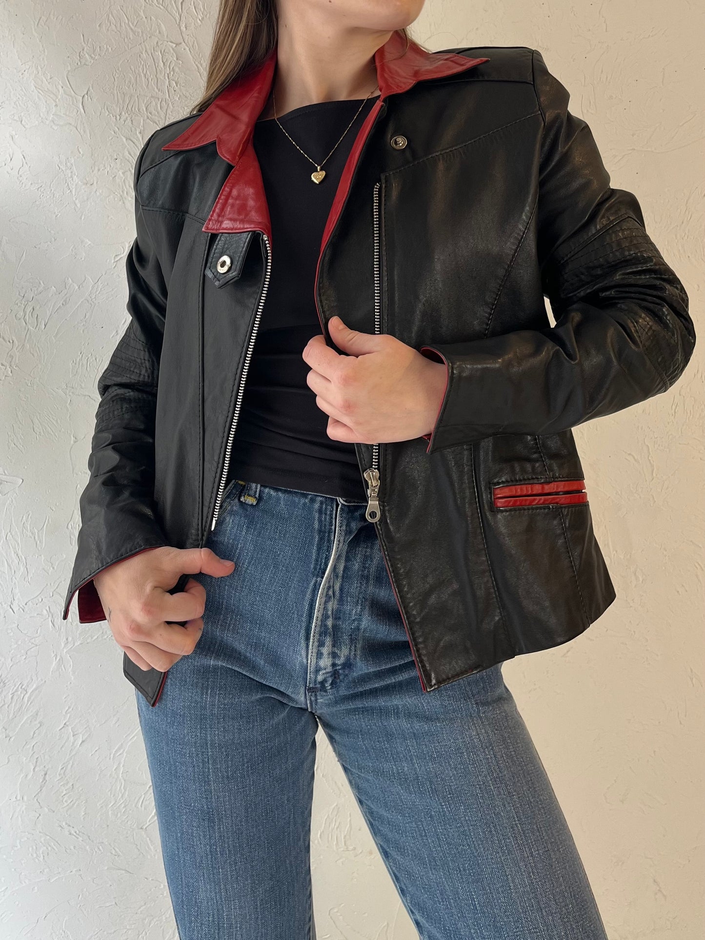 Y2k 'Kondratzky' Black and Red Leather Moto Jacket / Medium