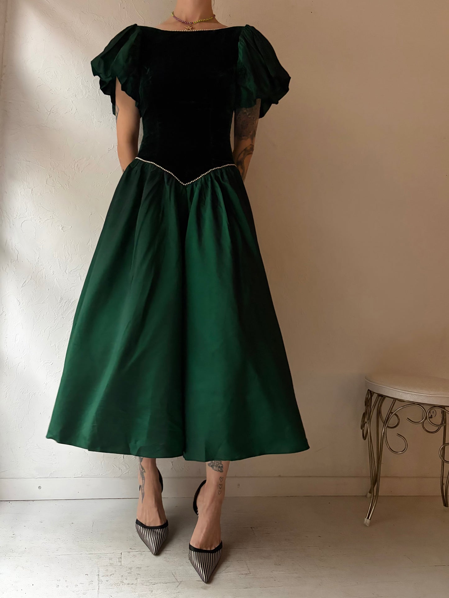80s 'What's Up' Matallic Green Formal Gown / Small