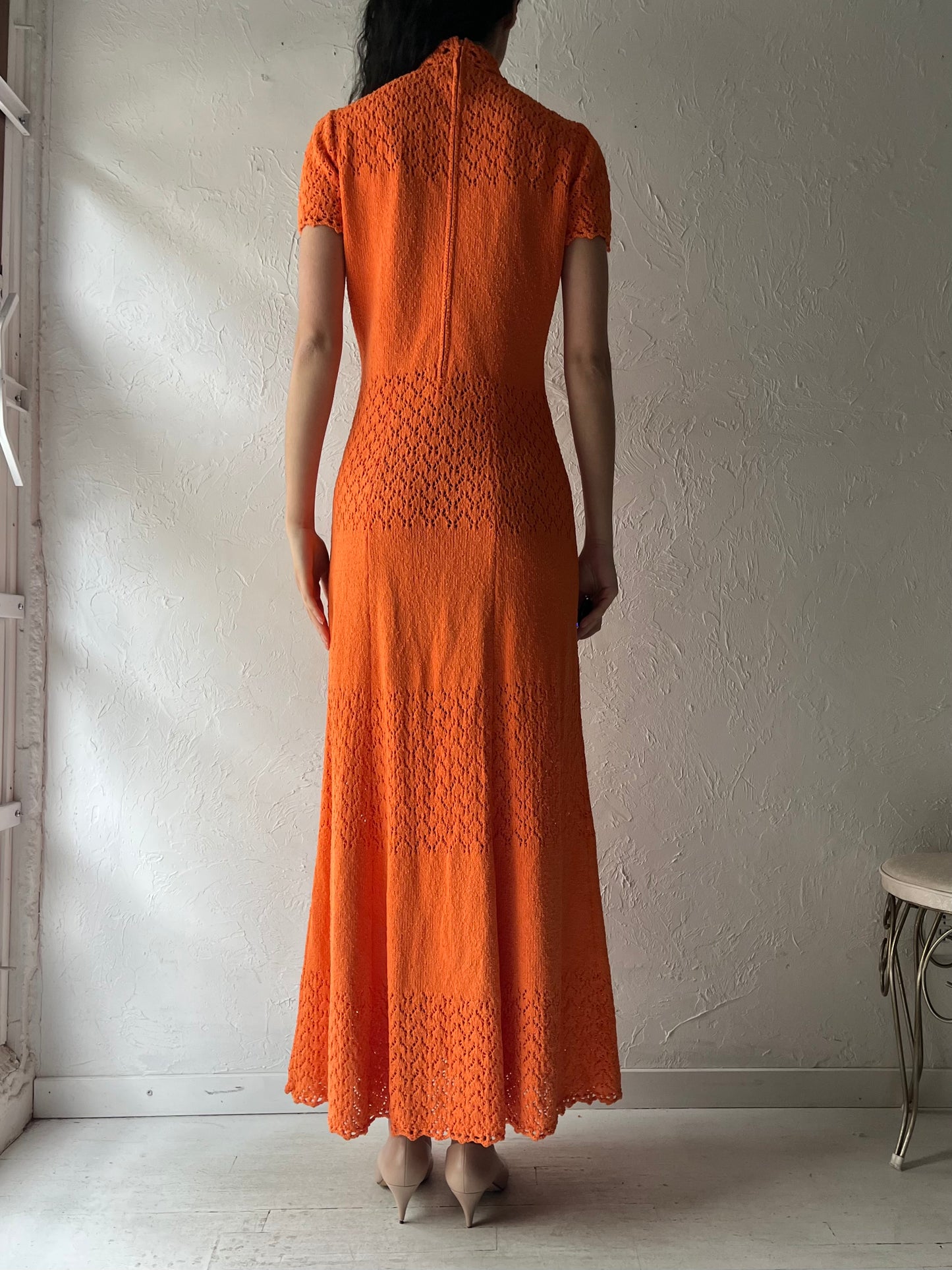 80s Vintage Orange Retro Boho Knit Maxi Dress / Medium