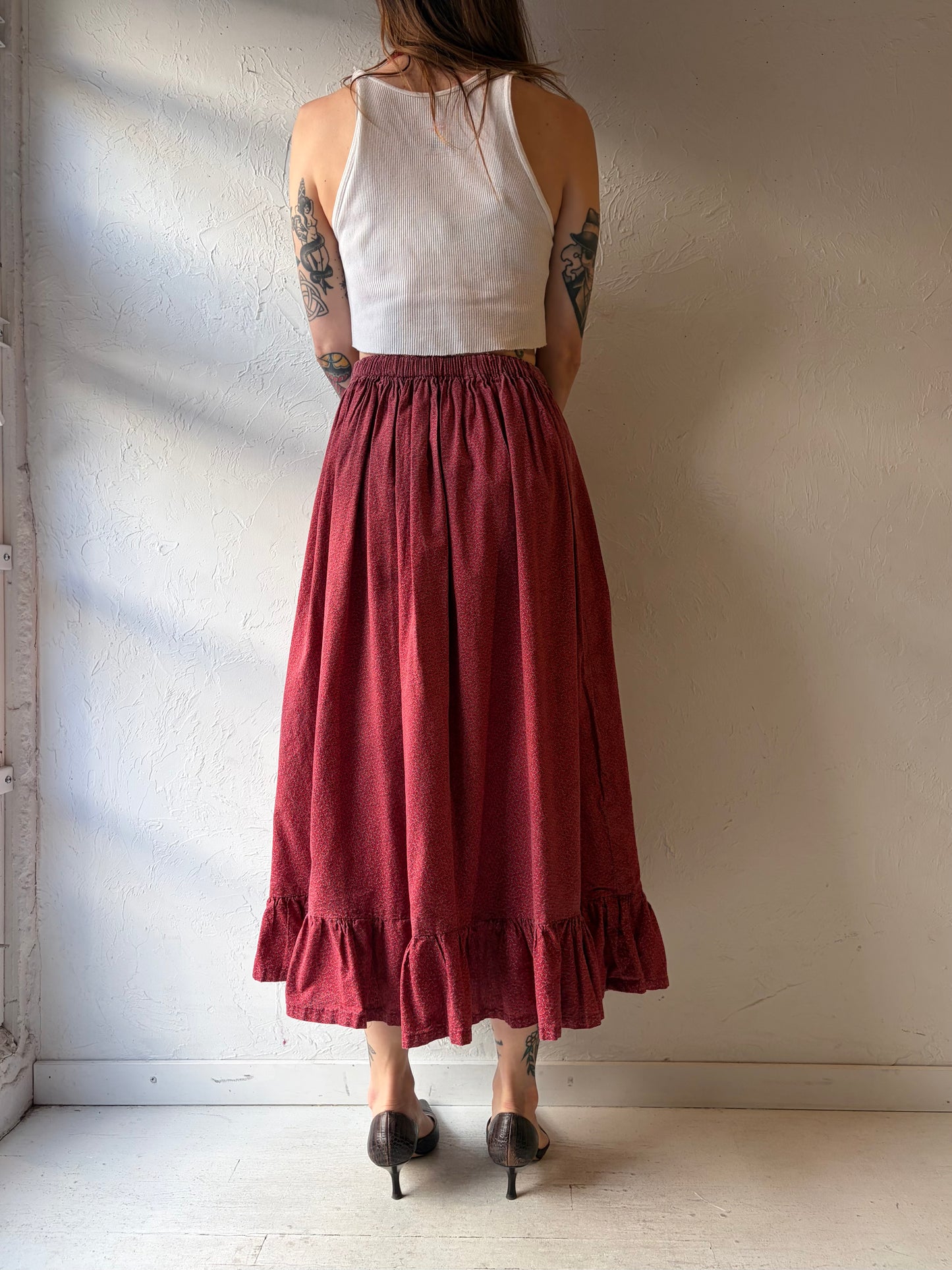 Vintage Handmade Red Floral Cottagecore Prairie Girl Skirt / Small - Medium