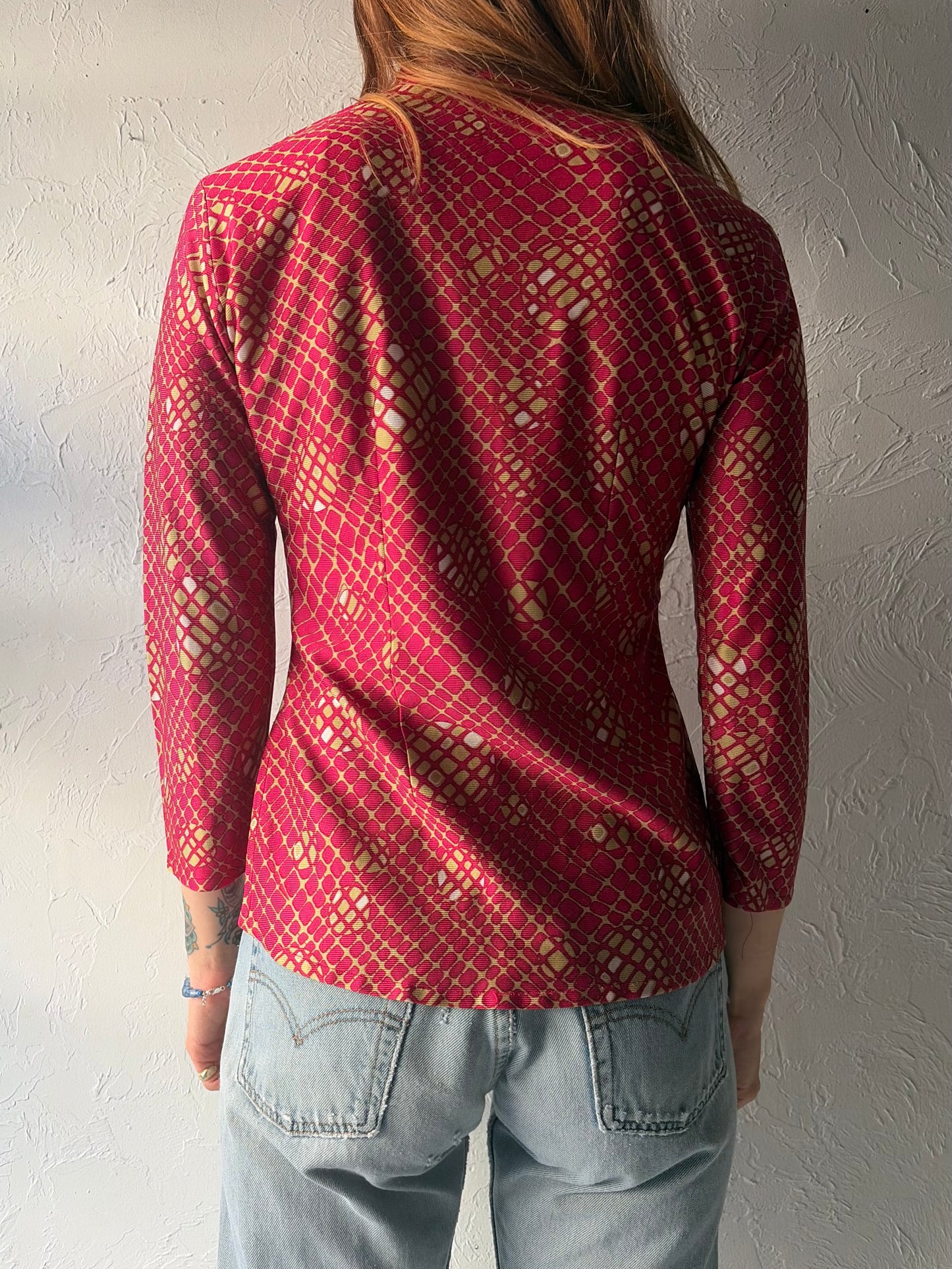 Vintage Pink Abstract Print Retro Mandarin Collared Romantic Asian Inspired Tops / Small