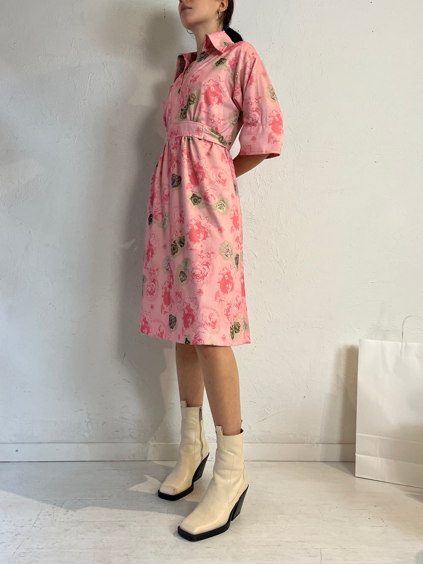 70s 'Nu Mode' Pink Floral Midi Dress / Medium