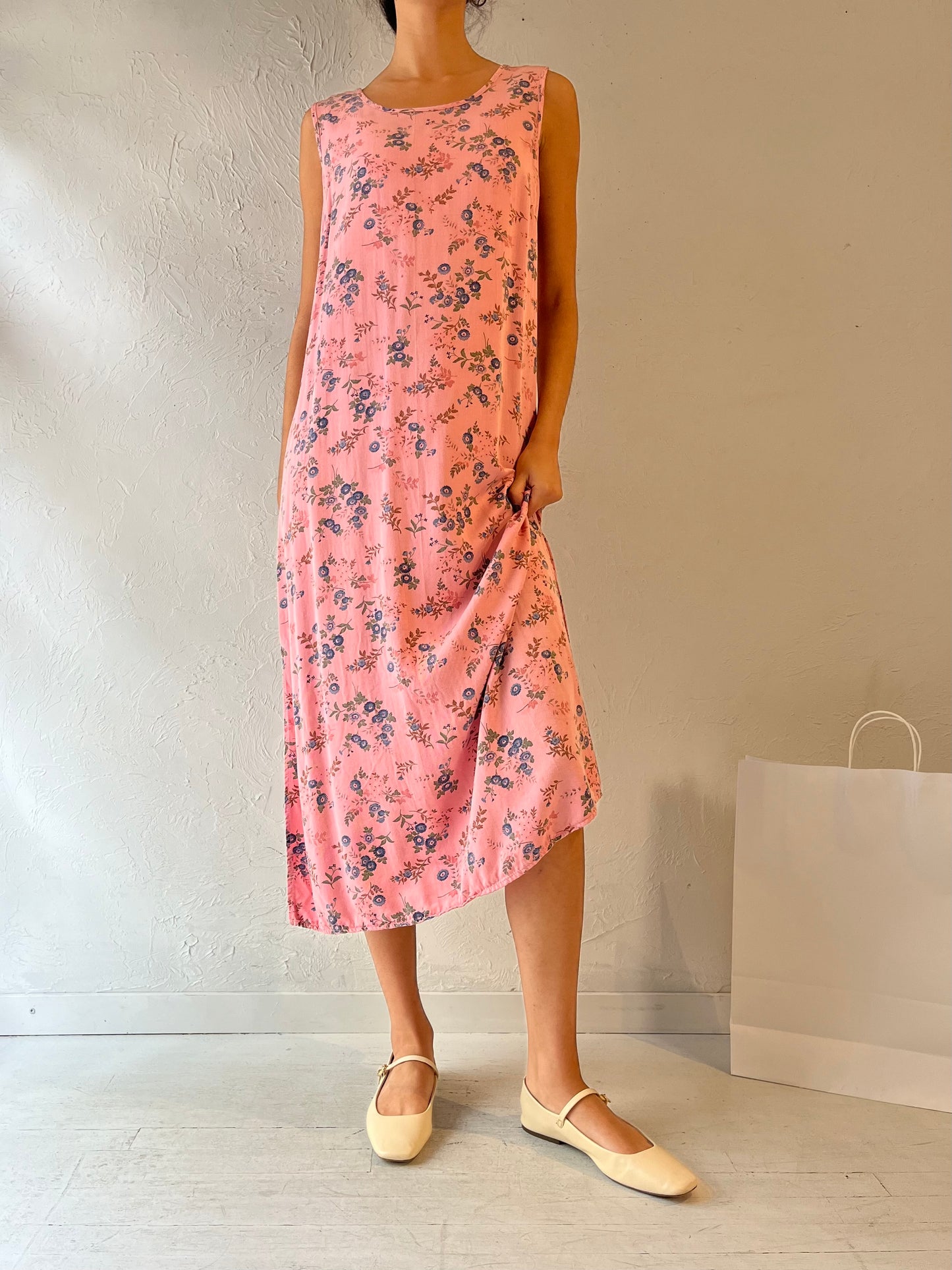 90s 'Cherokee' Pink Floral Print Rayon Dress / Small