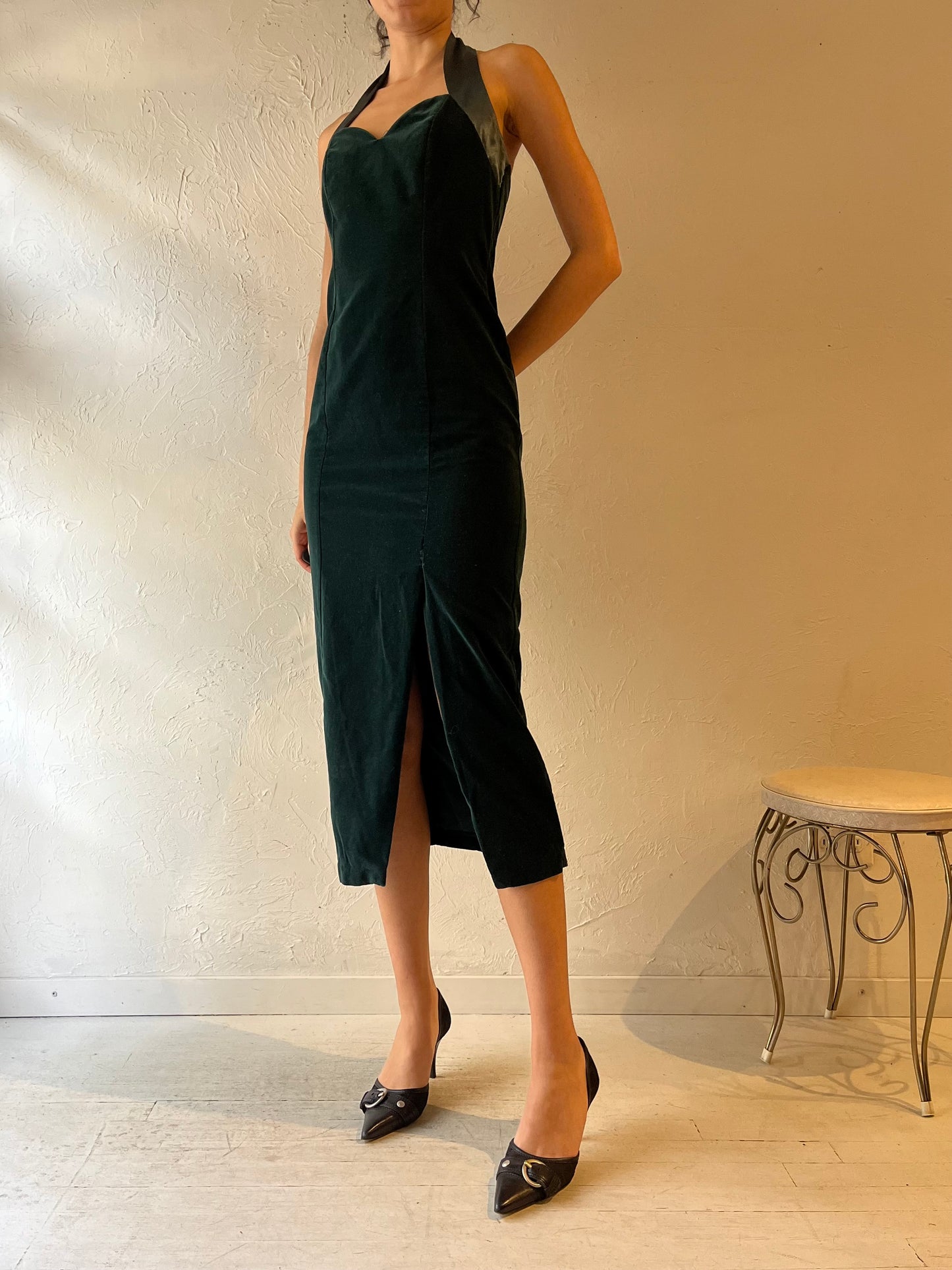80s 'Kelso' Green Velvet Halter Midi Dress / Medium