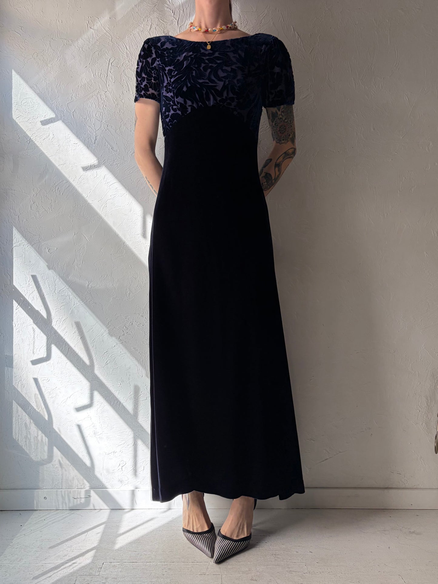90s Purple Burnt Velvet Maxi Dress / Small