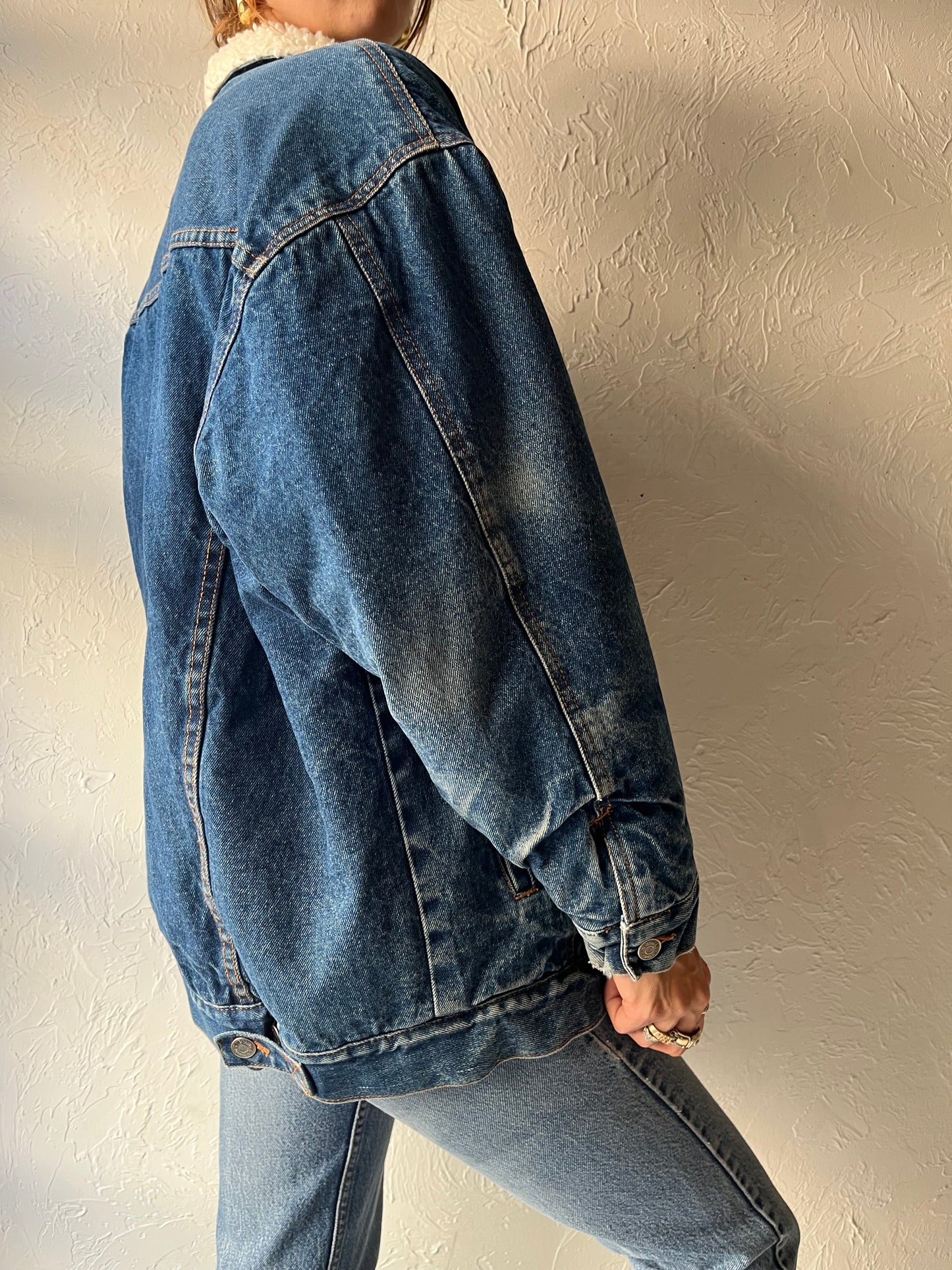 80s 'Tangerine' Faux Shearing Lined Denim Work Wear Classic Blue Trucker Jacket / Medium