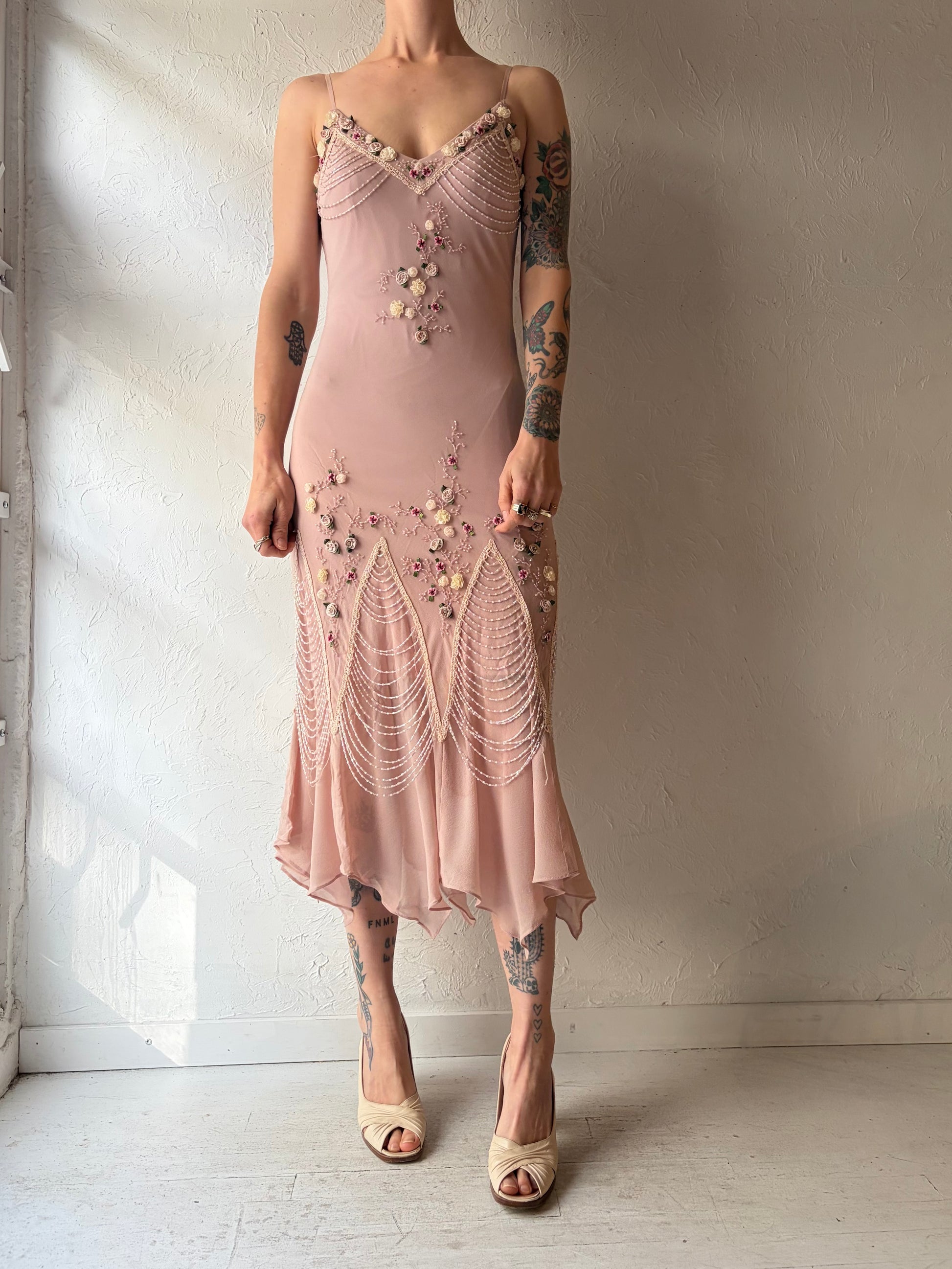 y2k midi dress Y2k 'Zokai' Pink Beaded Formal Midi Dress / Small / Medium