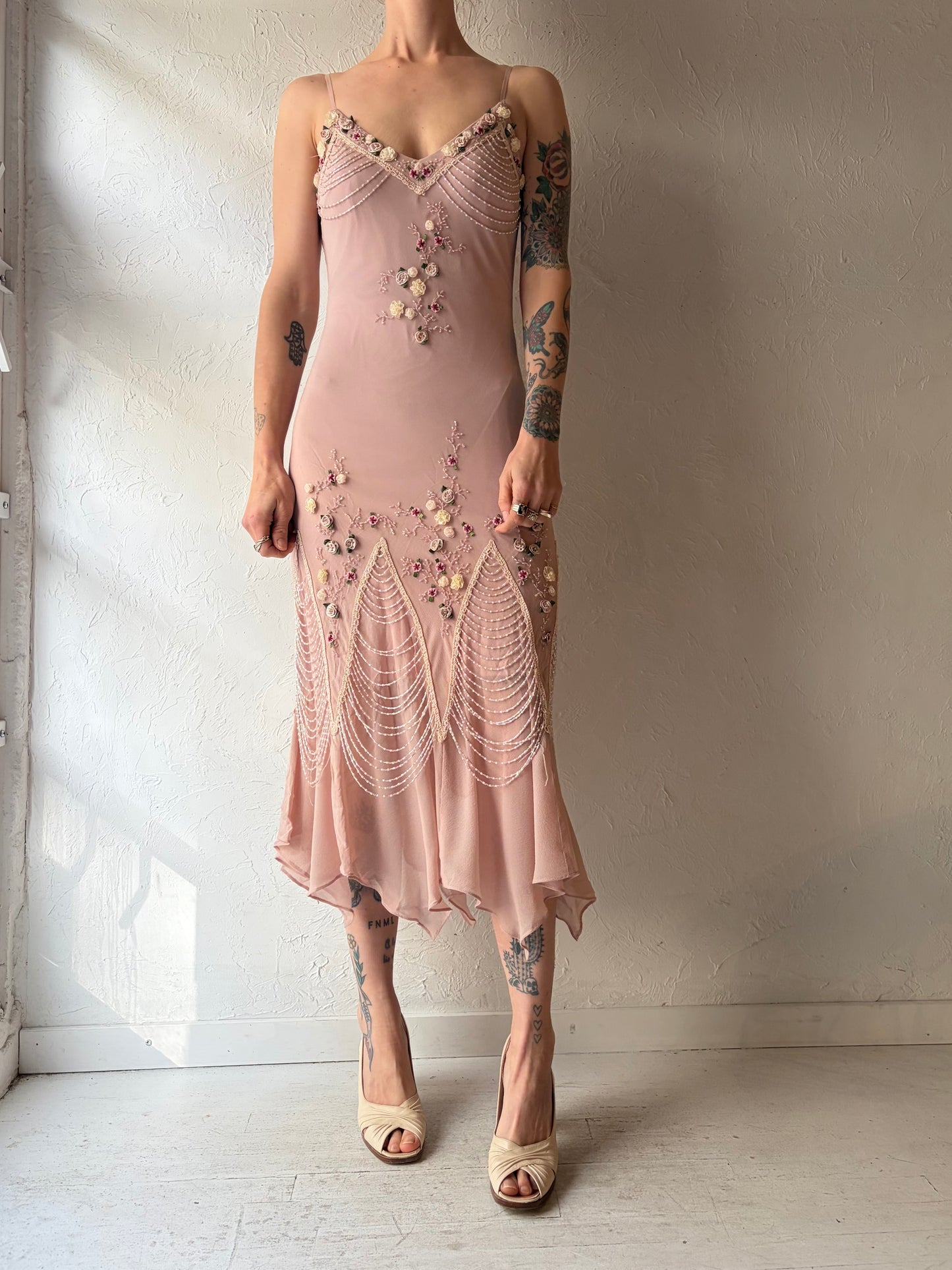 Y2k 'Zokai' Pink Beaded Formal Midi Dress / Small / Medium