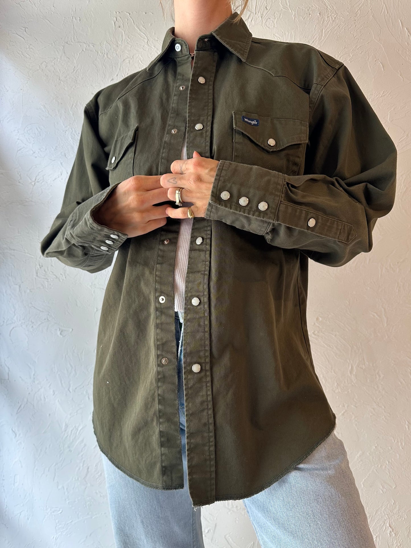 Y2k 'Wrangler' Green Thick Cotton Pearl Snap Shirt / Medium