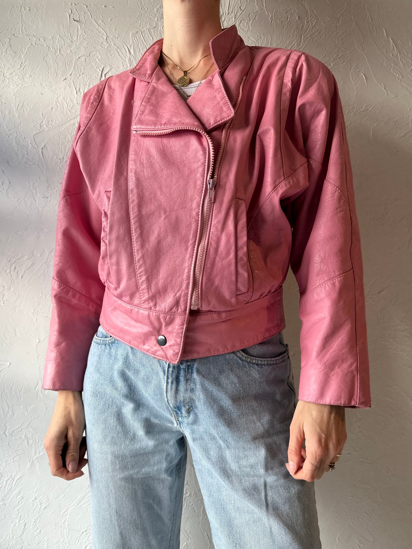 80s 90s 'Champion' Pink Leather Bomber Jacket / Small