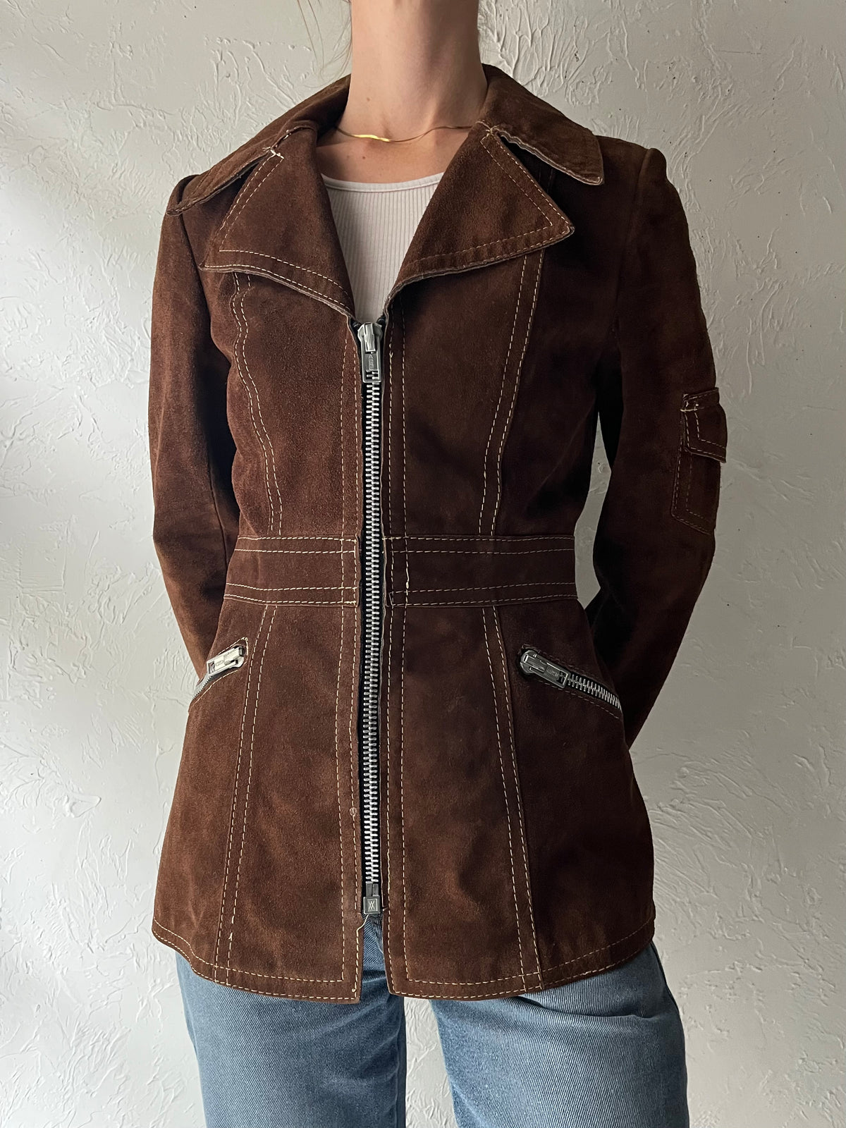 70s Brown Thick Suede Retro Utility Jacket / Small