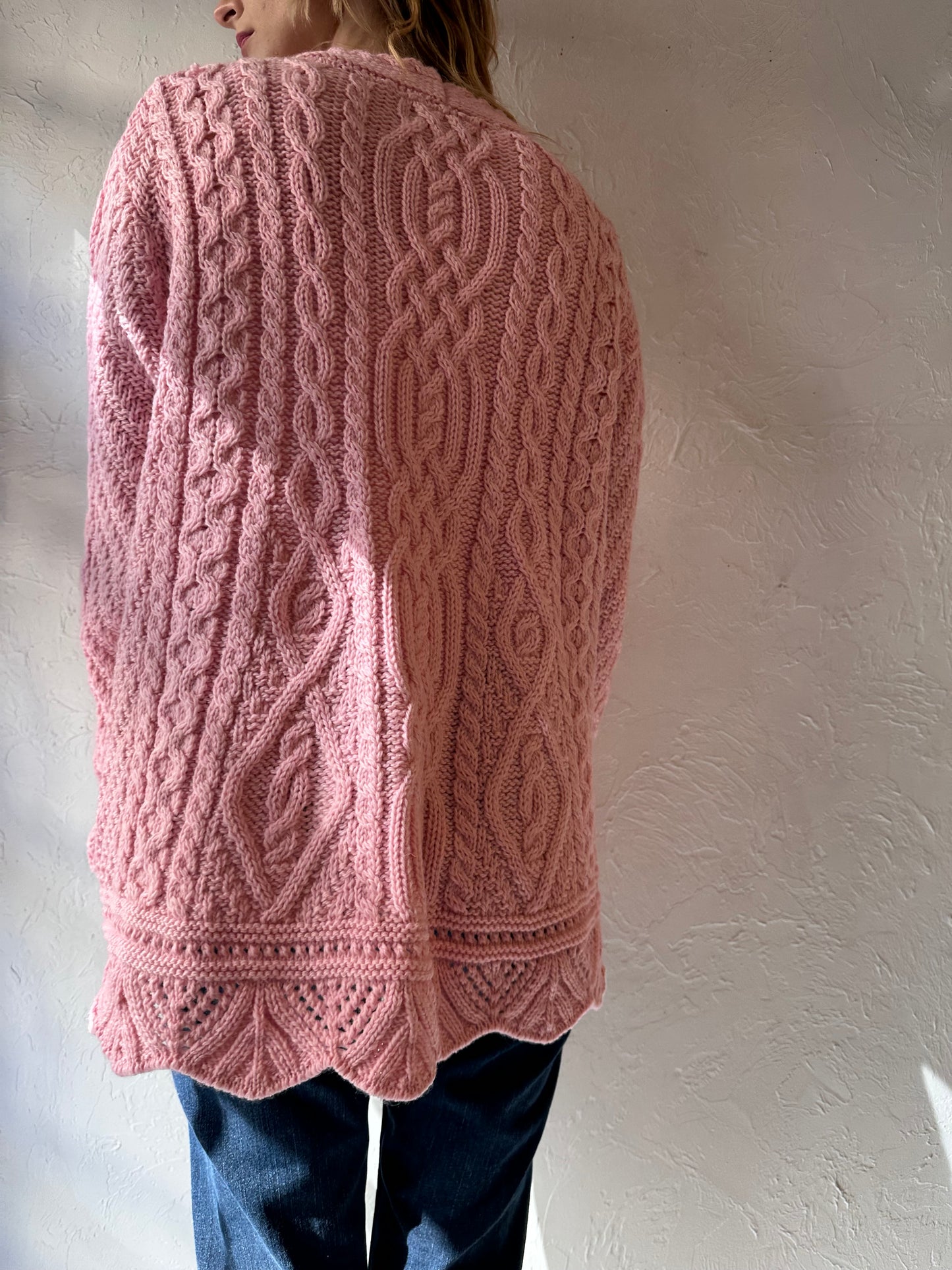 Vintage 'Arancrafts' Pink Merino Wool Cardigan Sweater / Large