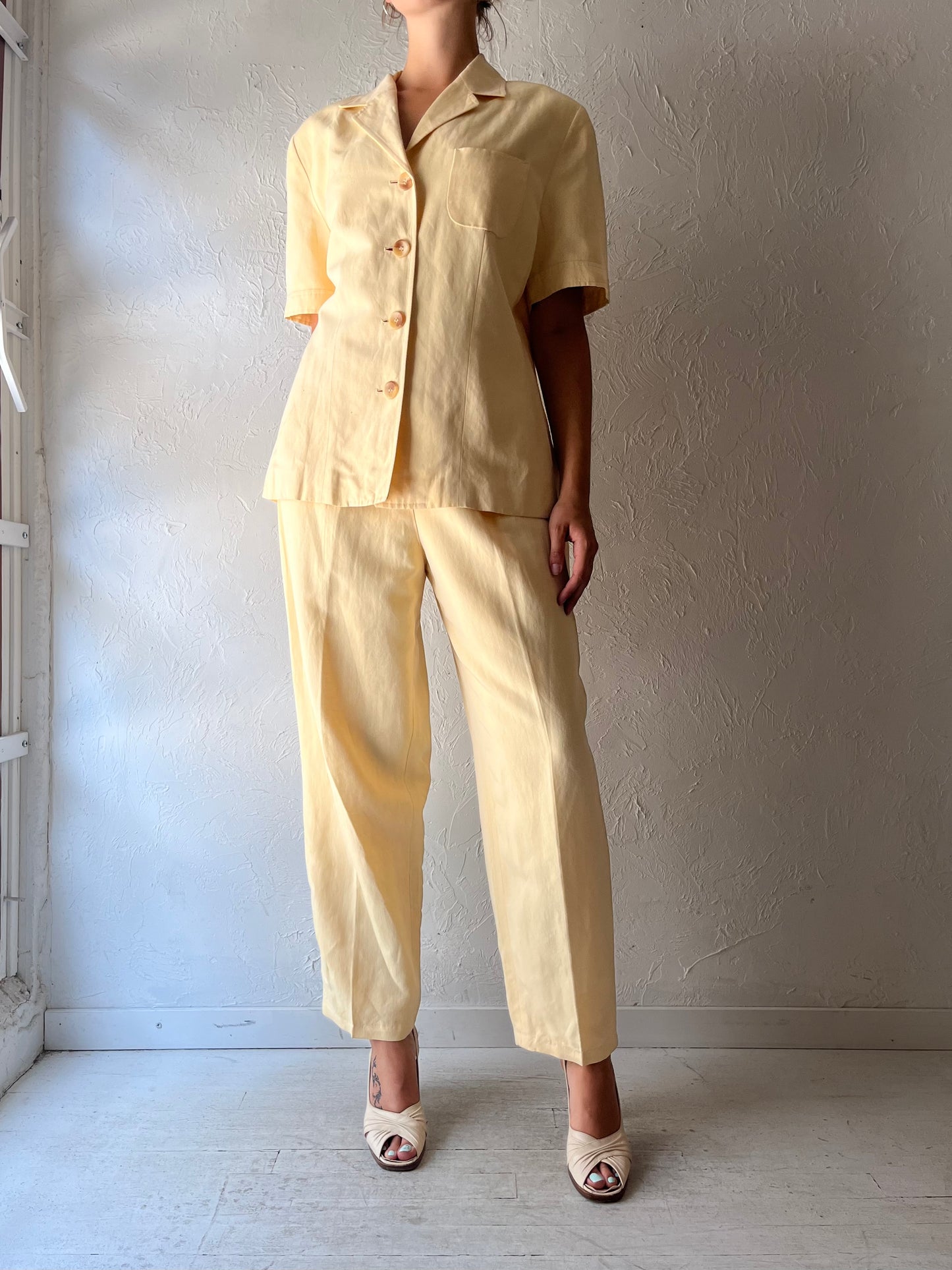 90s 'Ann Taylor' Yellow Normcore Pant & Shirt Summer Linen Set / Vintage 1990s Minimalist Matching Two Piece Set / Medium