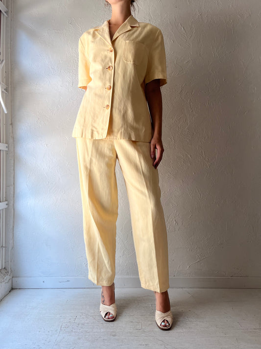 90s 'Ann Taylor' Yellow Normcore Pant & Shirt Summer Linen Set / Vintage 1990s Minimalist Matching Two Piece Set / Medium