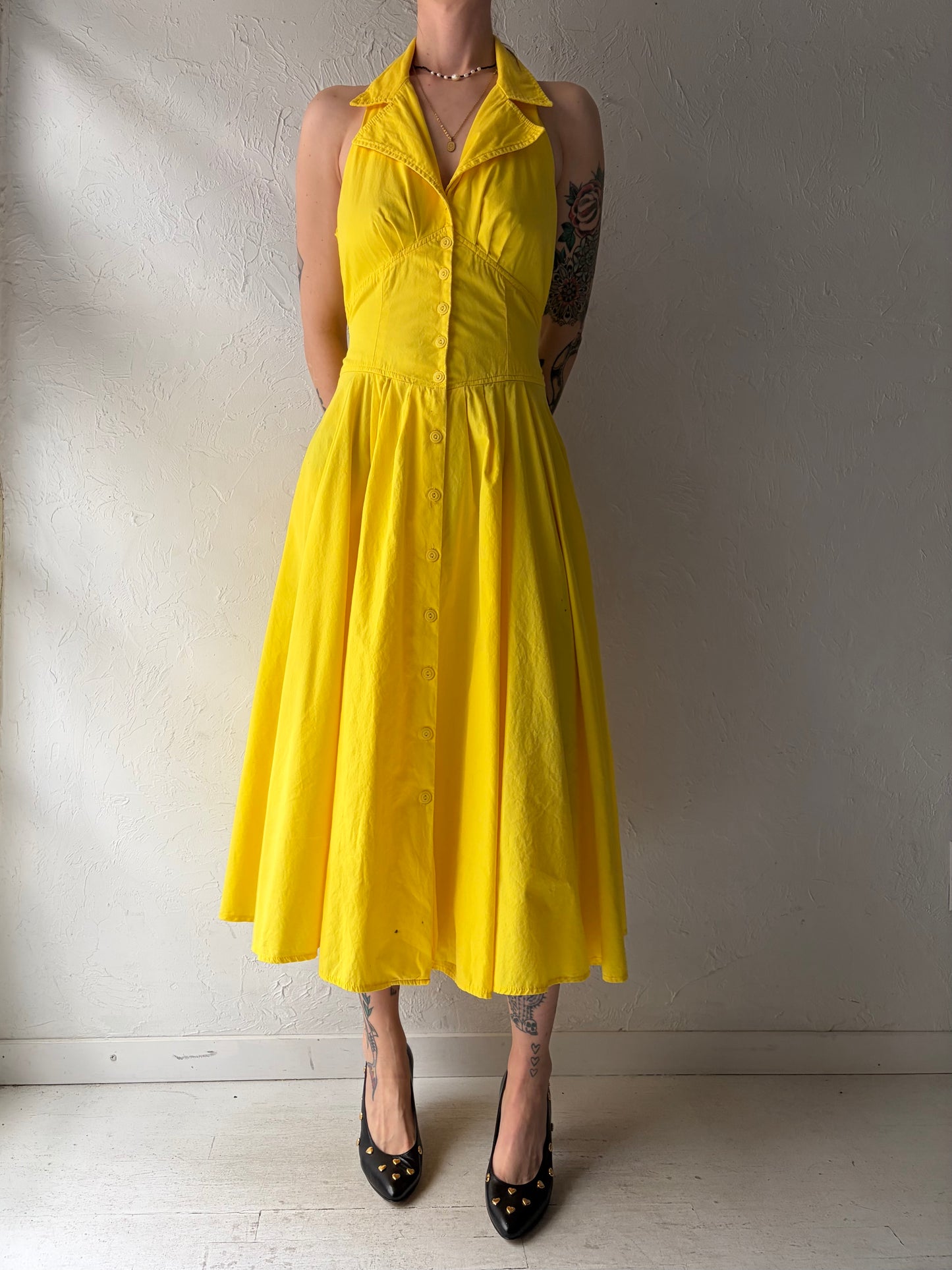 Vintage Yellow Collared Midi Dress / Small