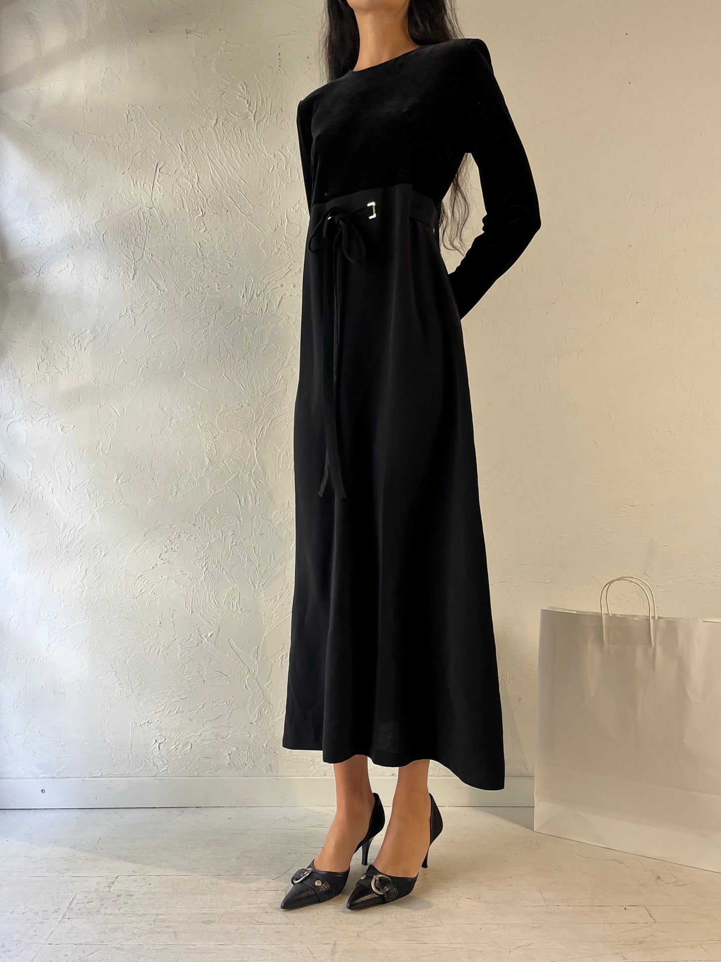 Y2k 'David Warren' Black Long Sleeve Velvet Maxi Dress / Medium