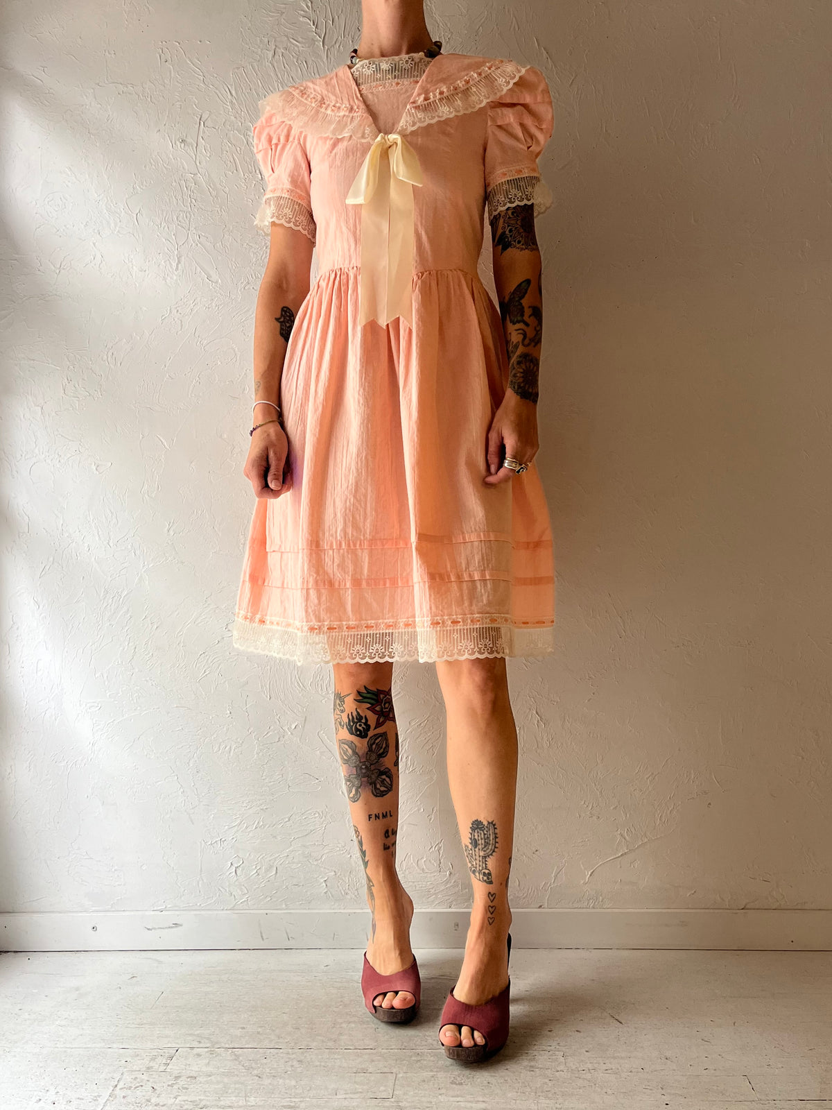 60s Pink Lace Retro Sailor Style Dress / Small