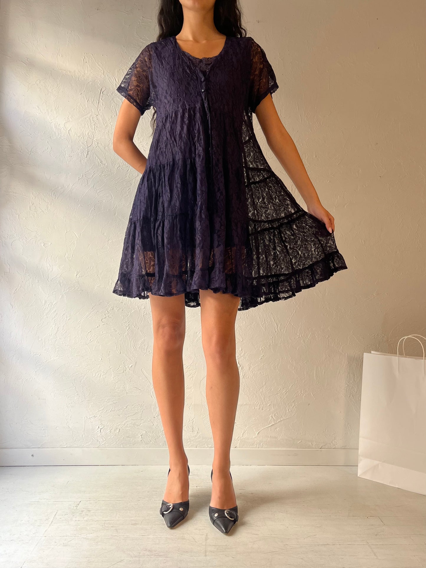 90s 'American Angel' Navy Blue Lace Mini Dress / Small