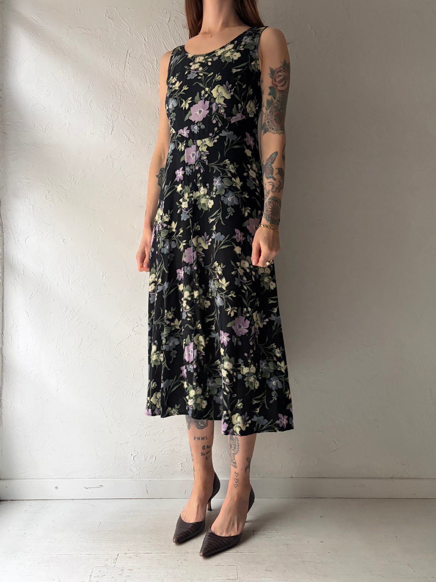 90s 'All That Jazz' Black Floral Print Grunge Spring Dress / Medium