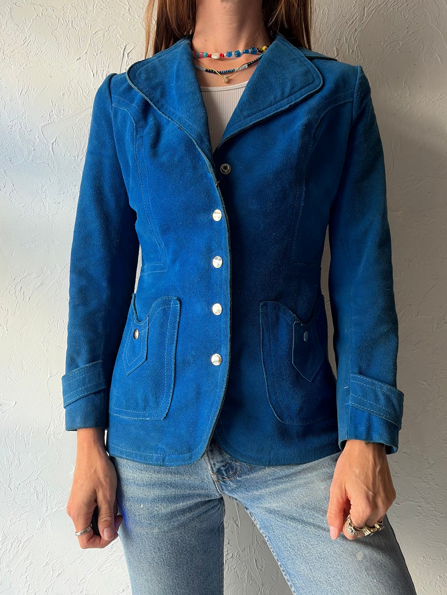 70s Blue Suede Leather Snap up Retro Jacket / XS