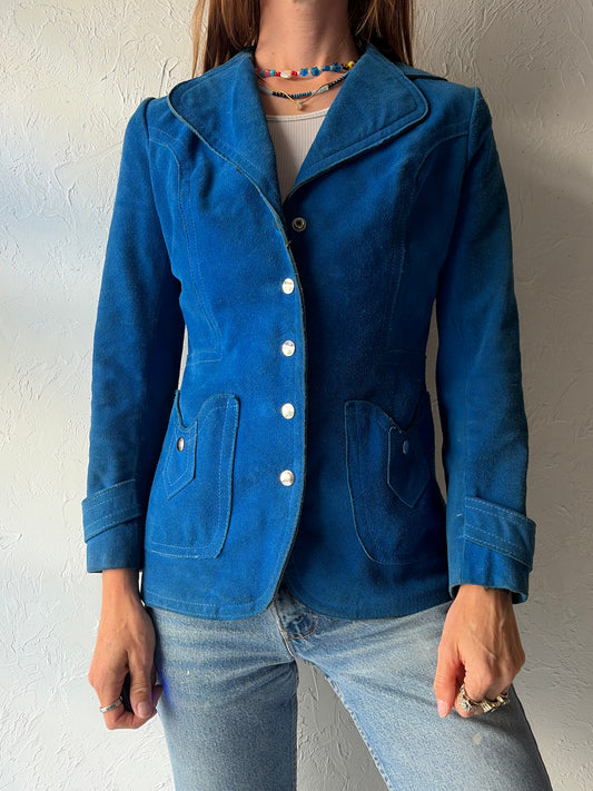 70s Blue Suede Leather Snap up Retro Jacket / XS