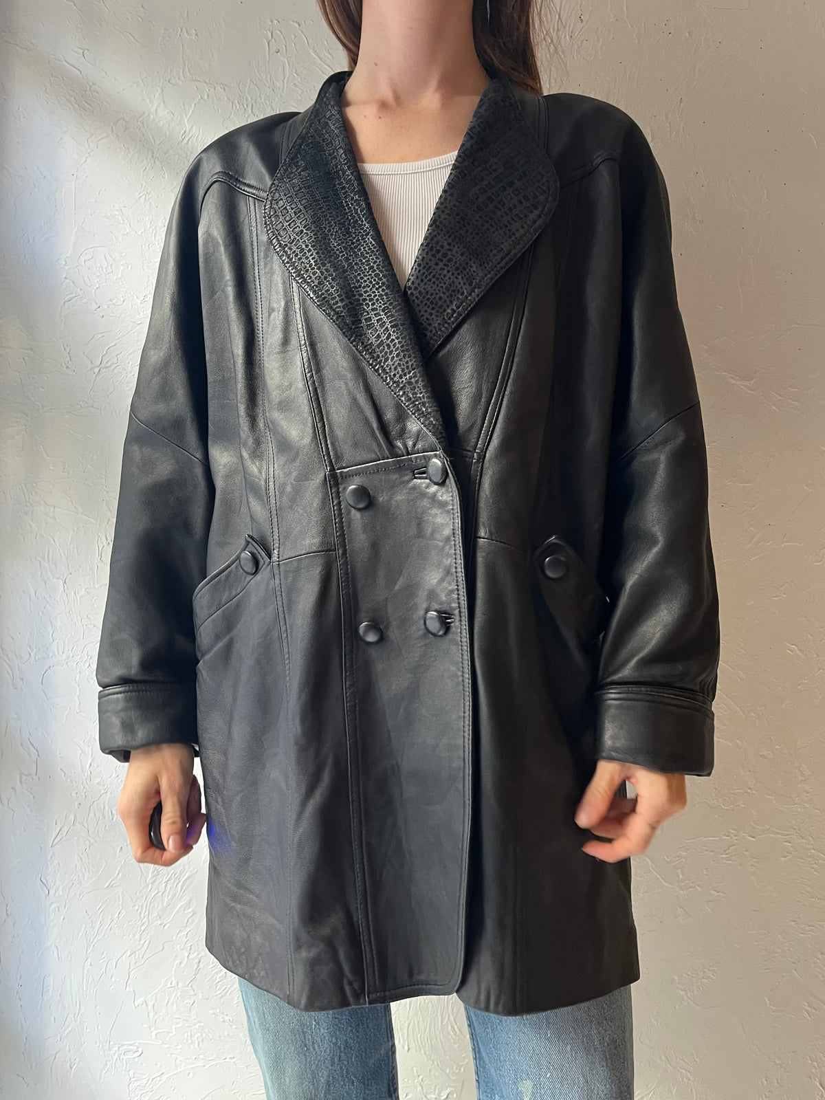90s 'Candy' Black Leather Double Breasted Minimalist Grunge Jacket / Small