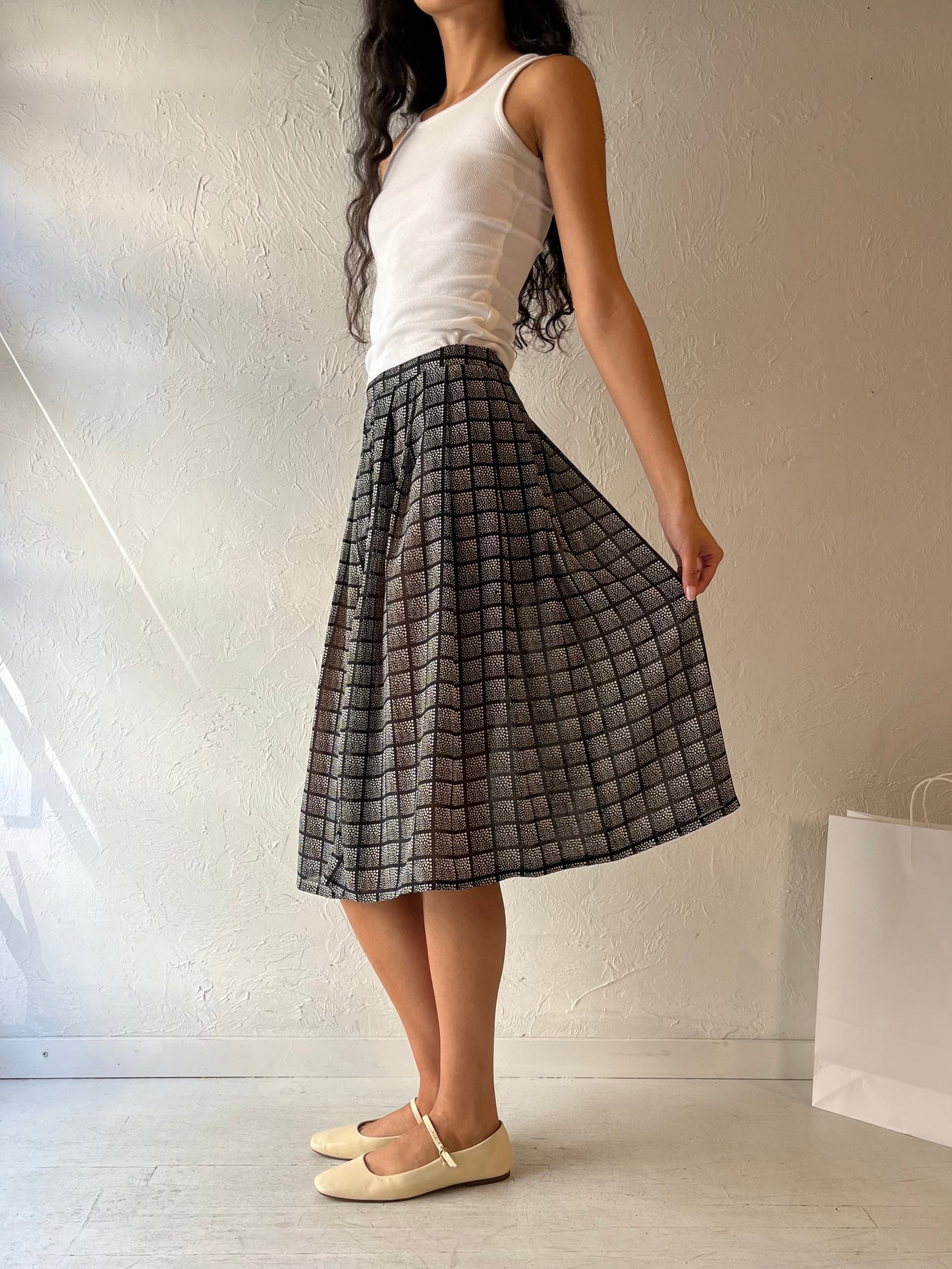 90s 'SM' Light Weight Pleated Check Midi Skirt / Small