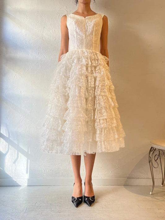 50s White Lace Ruffle Dress / Small