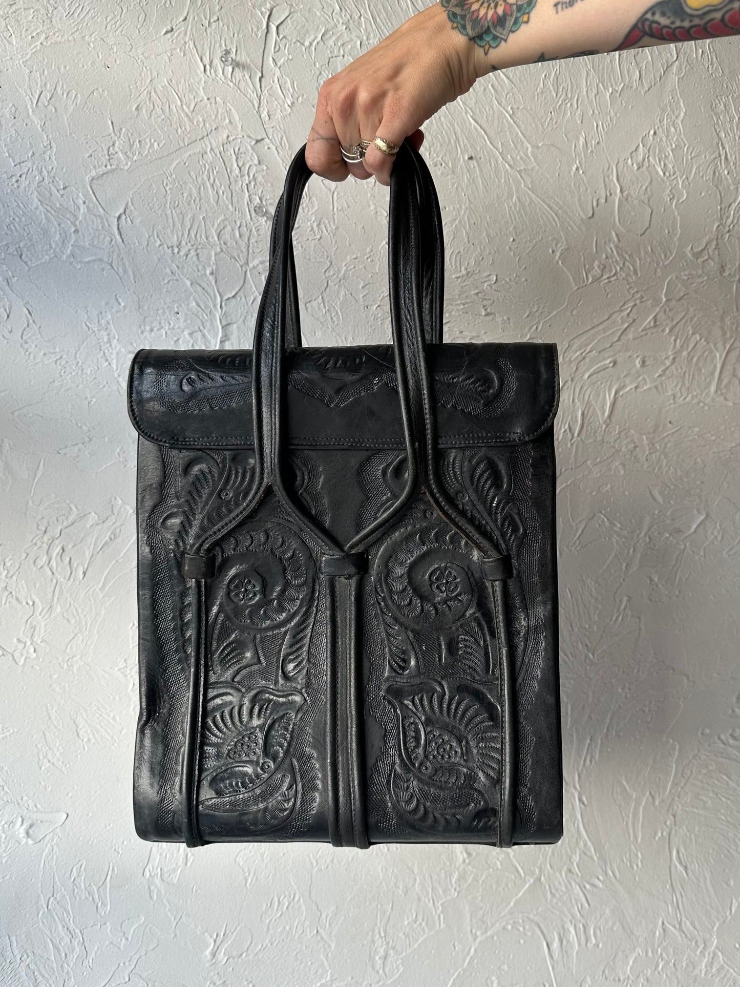 70s Tooled Black Leather Purse