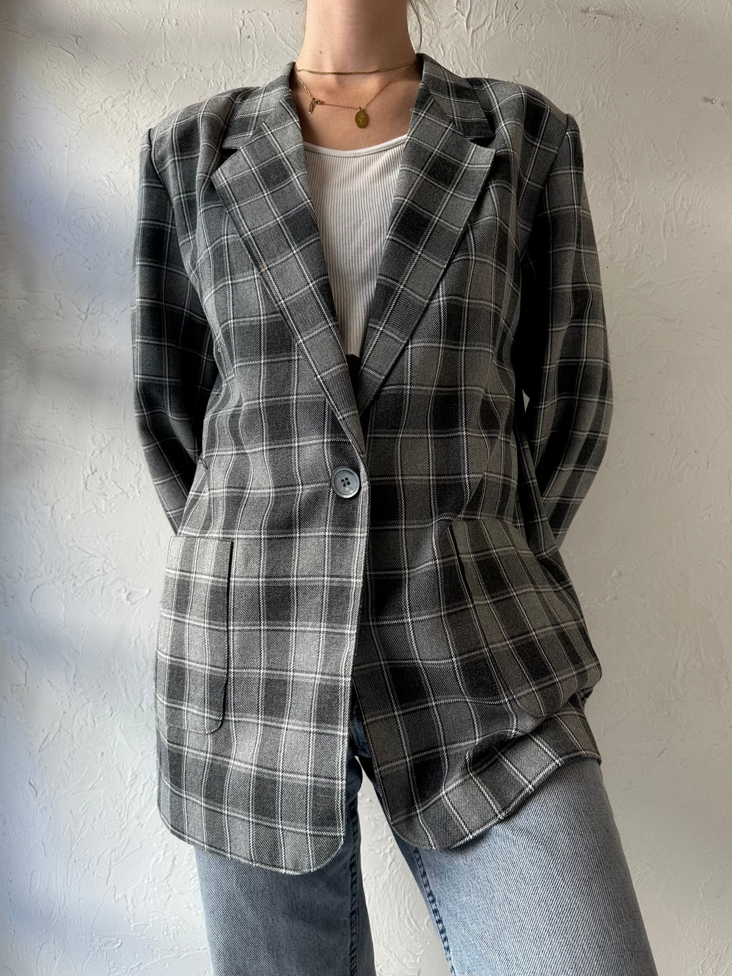 90s 'Lawrence' Gray Plaid Blazer Jacket / Large