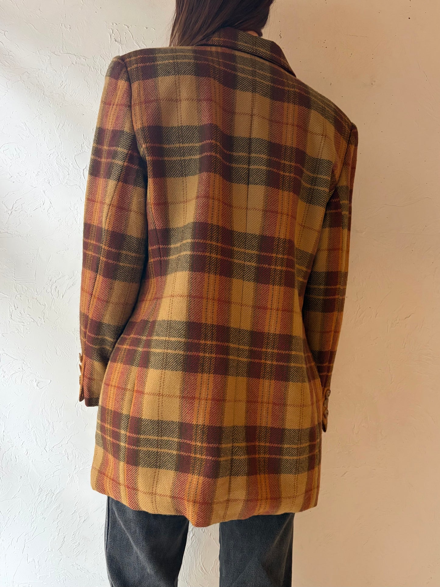 90s 'Linda Allard' Plaid Wool Blazer Vintage 1990s Minimalist Oversized Jacket / Medium