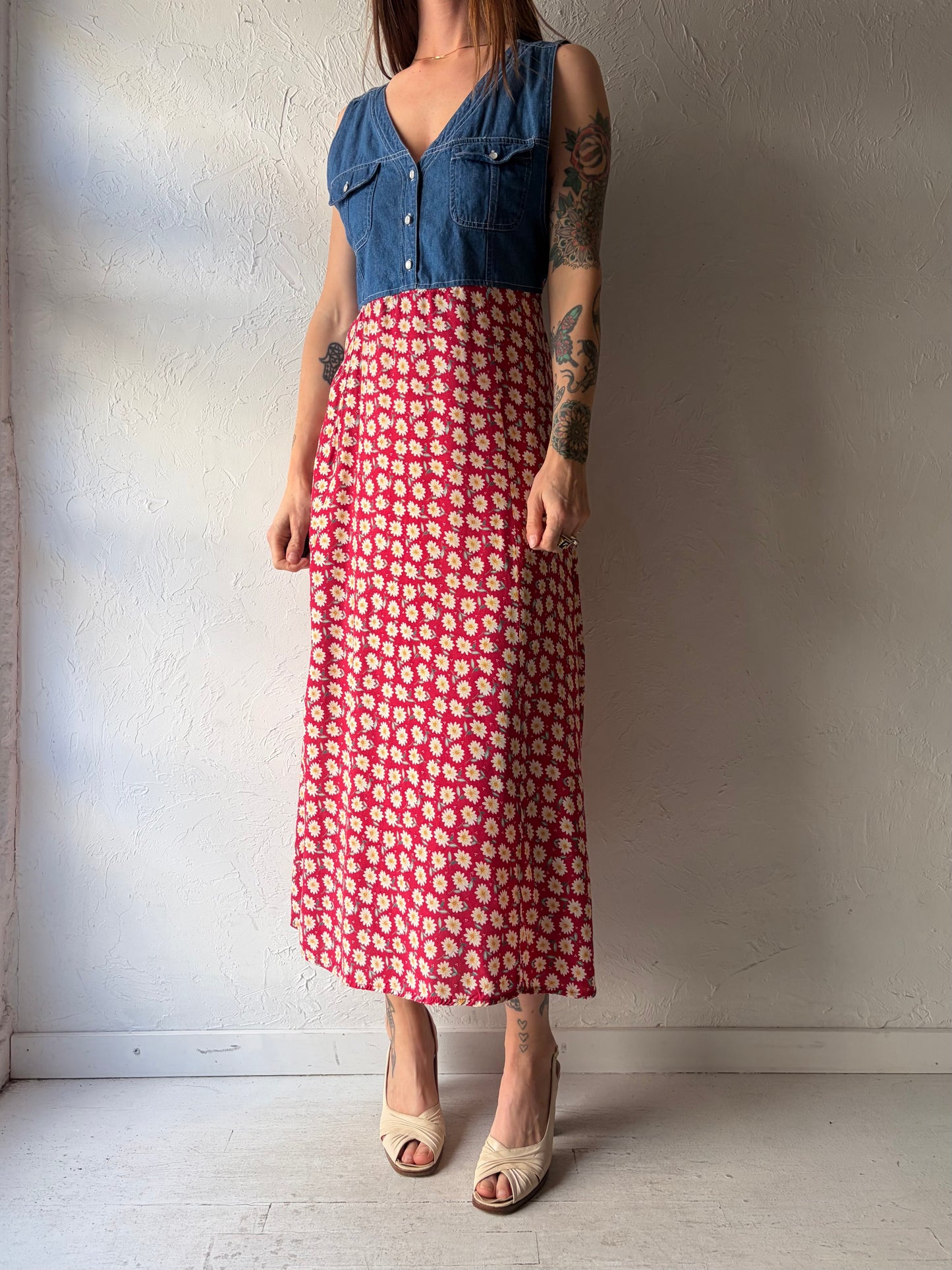 90s 'Erika' Floral Denim Western Midi Dress / Large