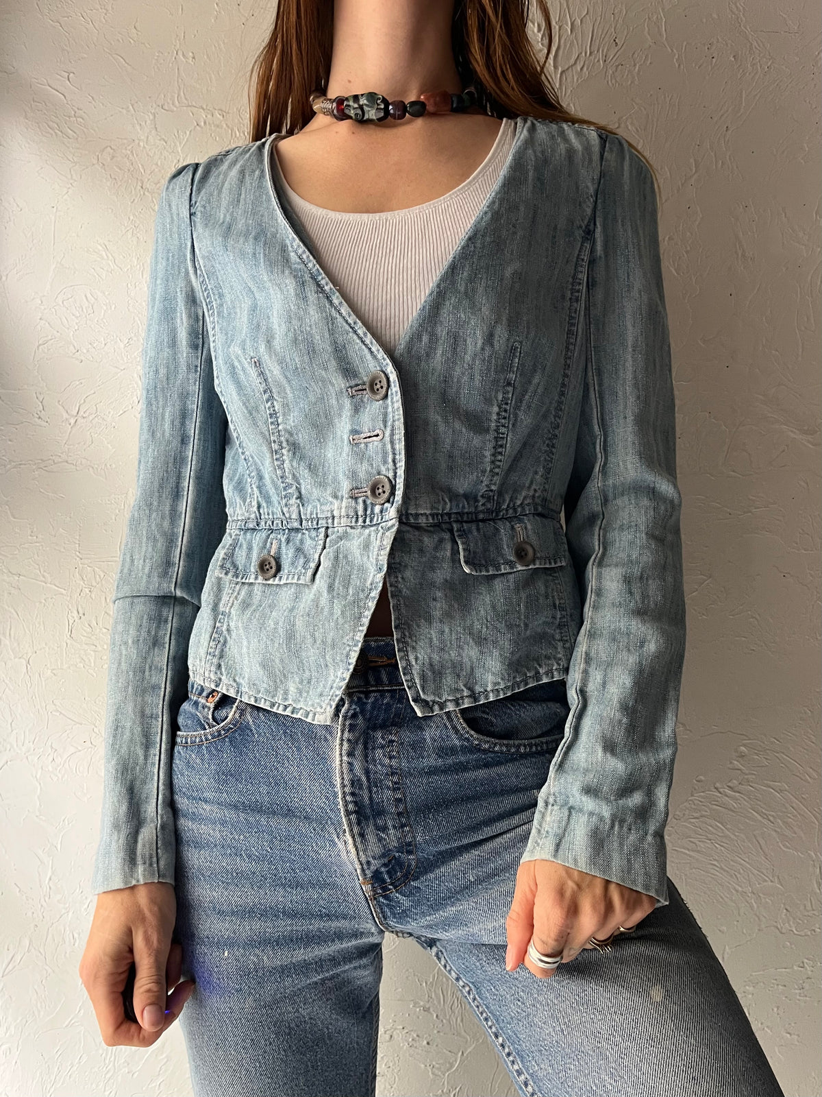 Y2K 'Juicy Couture' Light Wash Denim Cropped Blazer Preppy Coquette Jean Jacket / Small