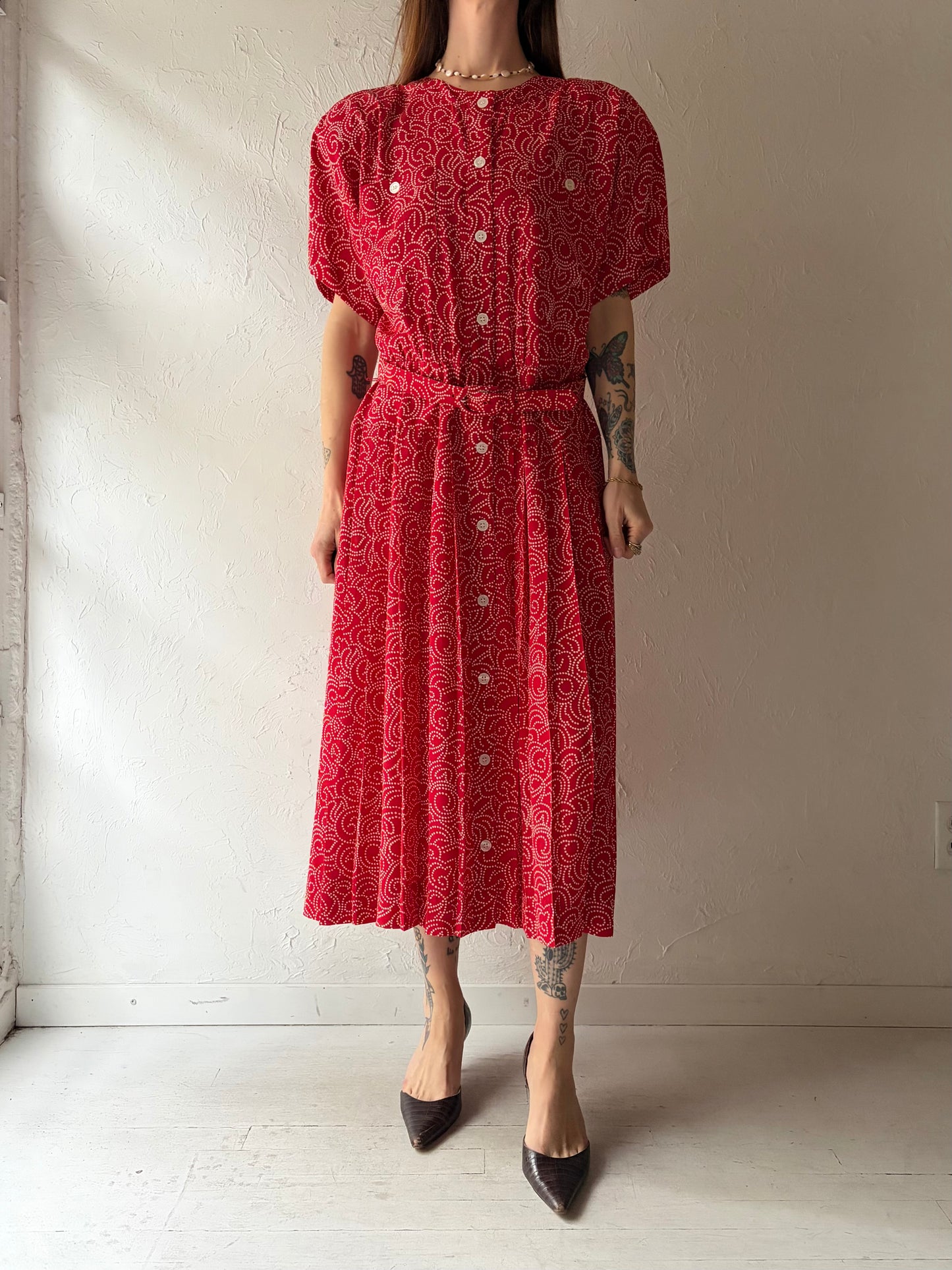 90s 'Liz Clairborne' Red Patterned Office Wear Summer Shirt Dress / Large