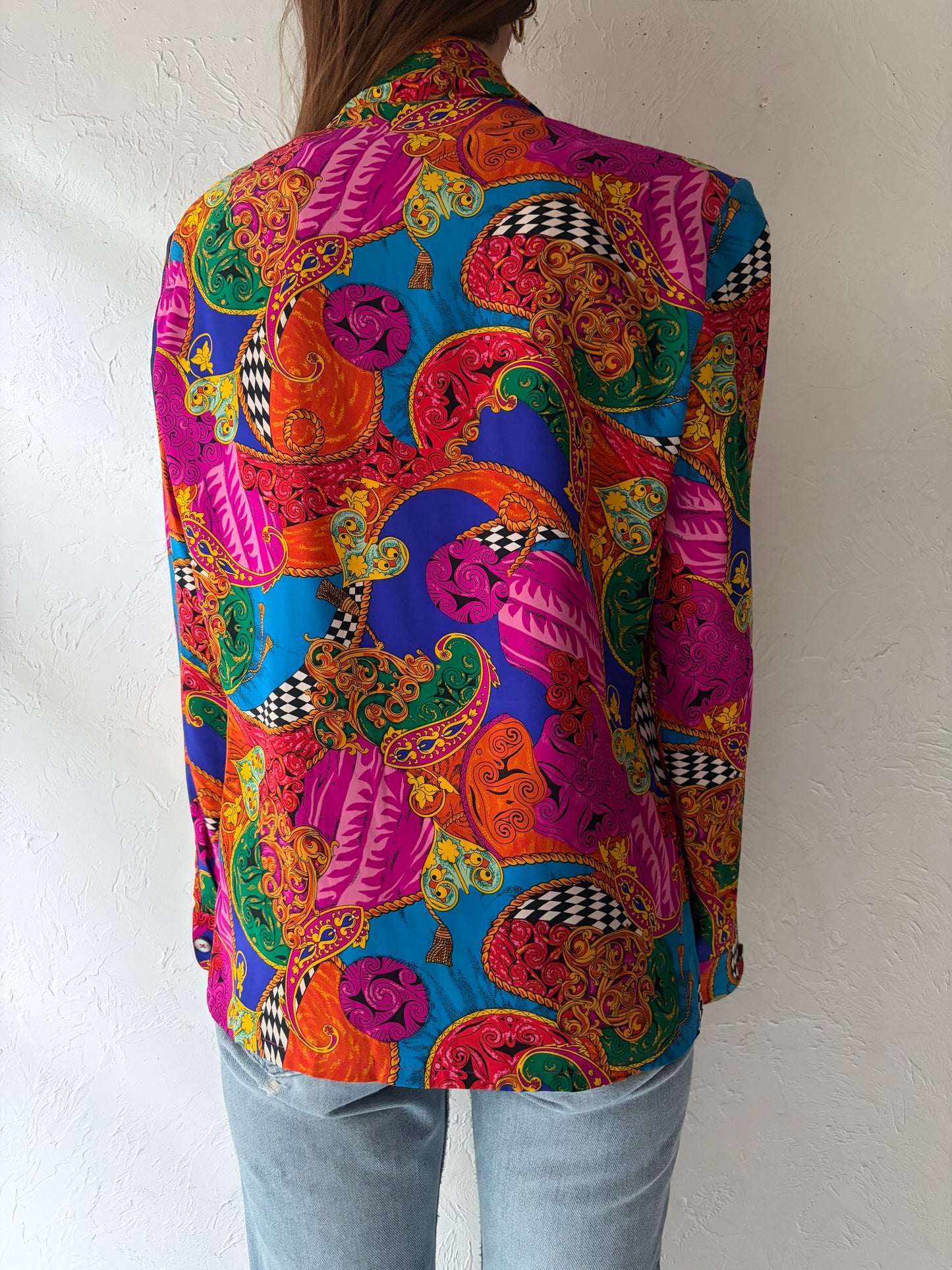 90s 'Danna Buchman' Retro Patterned Silk Blouse / Medium