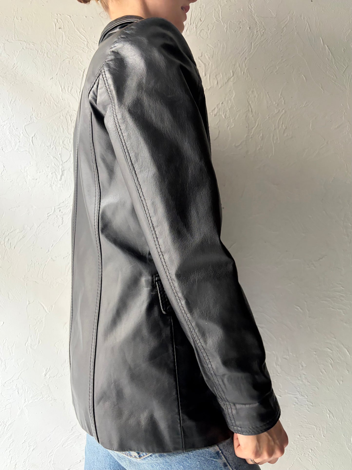 90s 'Leather Ranch' Black Minimalist Leather Jacket / Small