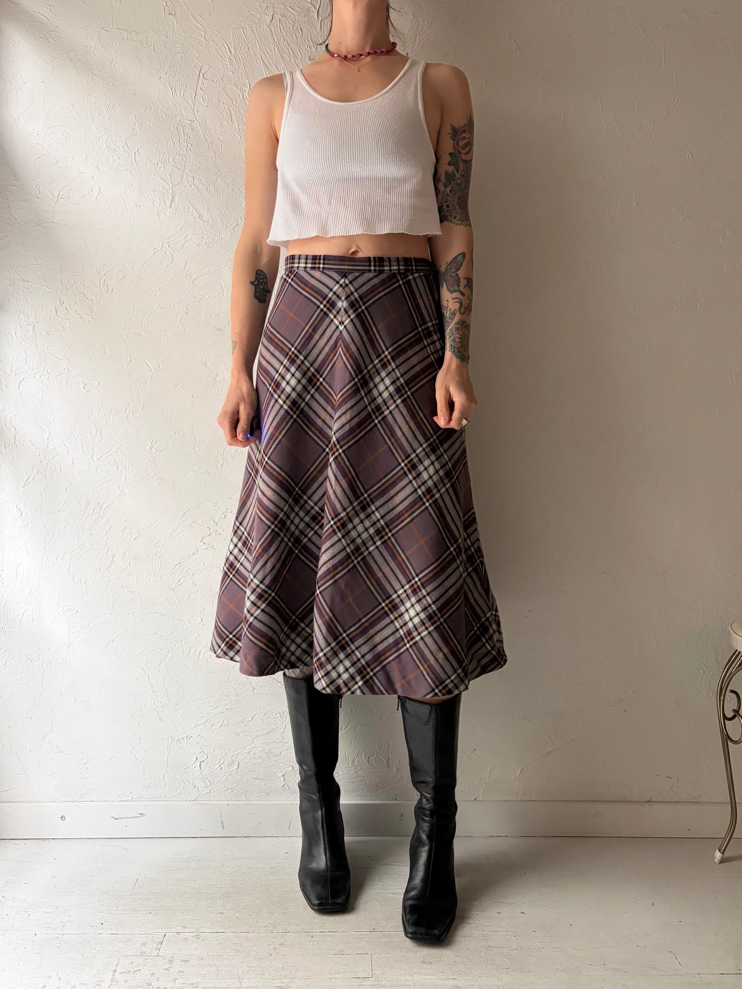 70s 'Aljean' Purple Plaid Wool Knit Winter Midi Skirt / Medium