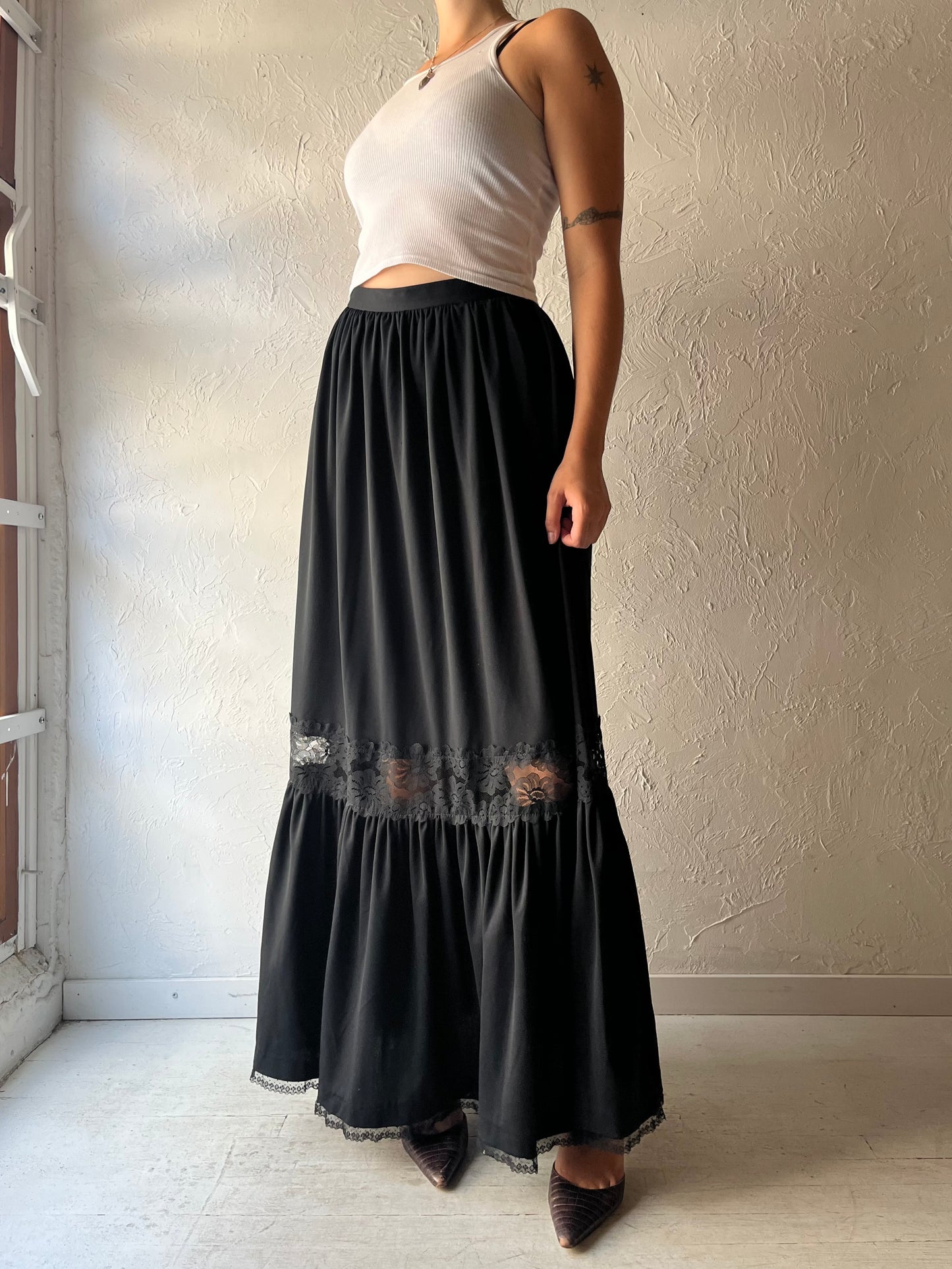 70s Black Tiered Goth Maxi Skirt / Small